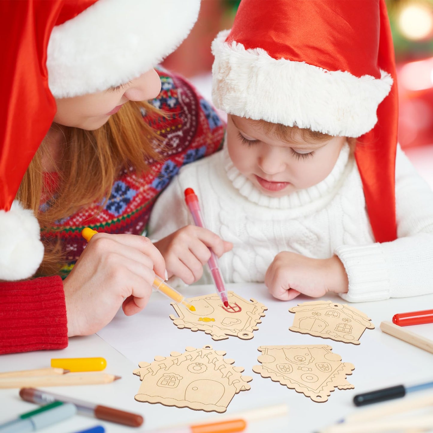 COCHIE Wooden Christmas Ornaments to Paint for Kids Adults Set of 24, Xmas Unfinished Wood Crafts for Painting, DIY Paintable Christmas Cutouts Slices for Craft with Ropes (Gingerbread House)