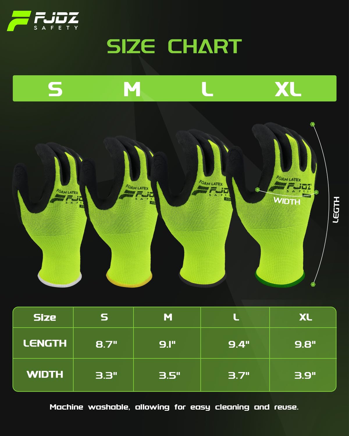 FJDZ SAFETY 13-gauge Seamless Nylon Shell Natural Rubber Foam Latex Coated Work Gloves Precision Handling, Construction, Warehouse,(Lime Green,Small)
