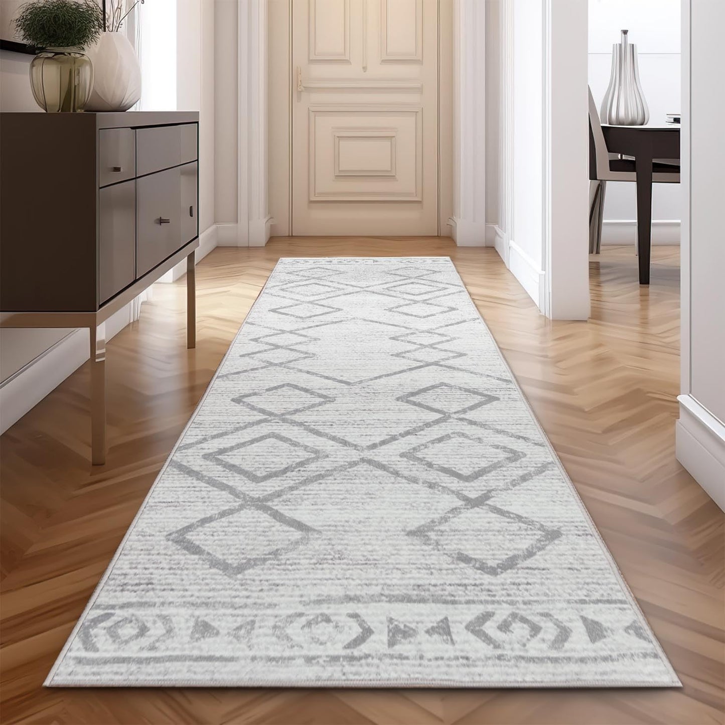jinchan Hallway Runner Rug 3x8 - Moroccan Kitchen Machine Washable Runner Rug Modern Geometric Soft Faux Wool Ultra-Thin Low-Pile Non-Slip Carpet for Laundry Room Bedroom Farmhouse (3x8ft, Grey)