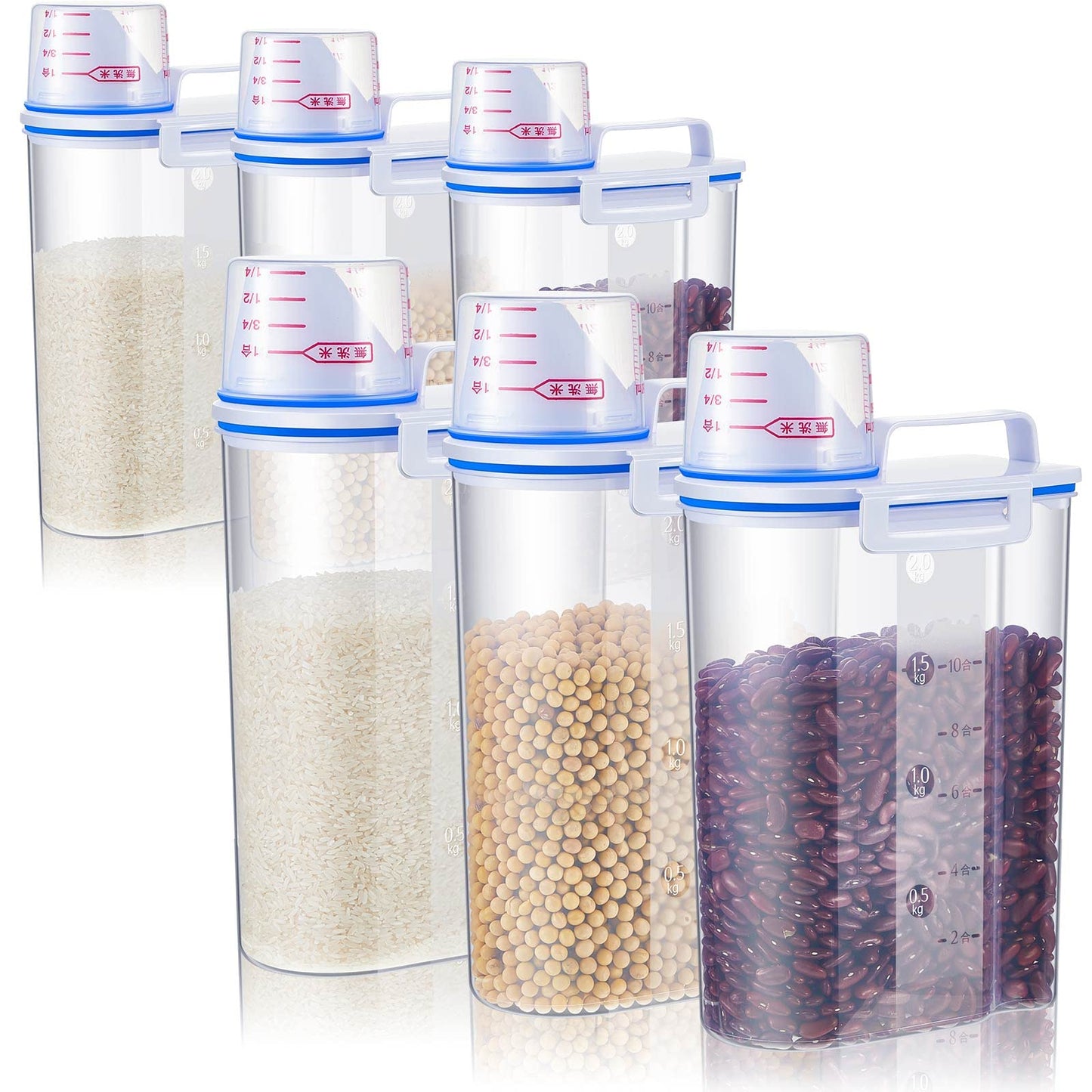Suclain 6 Pcs Rice Airtight Storage Container 3 to 5Lbs with Pour Spout,Measuring Cup Food Storage Holder Dispenser for Oatmeal Flour Grain & Pet Cat Dog Food Container