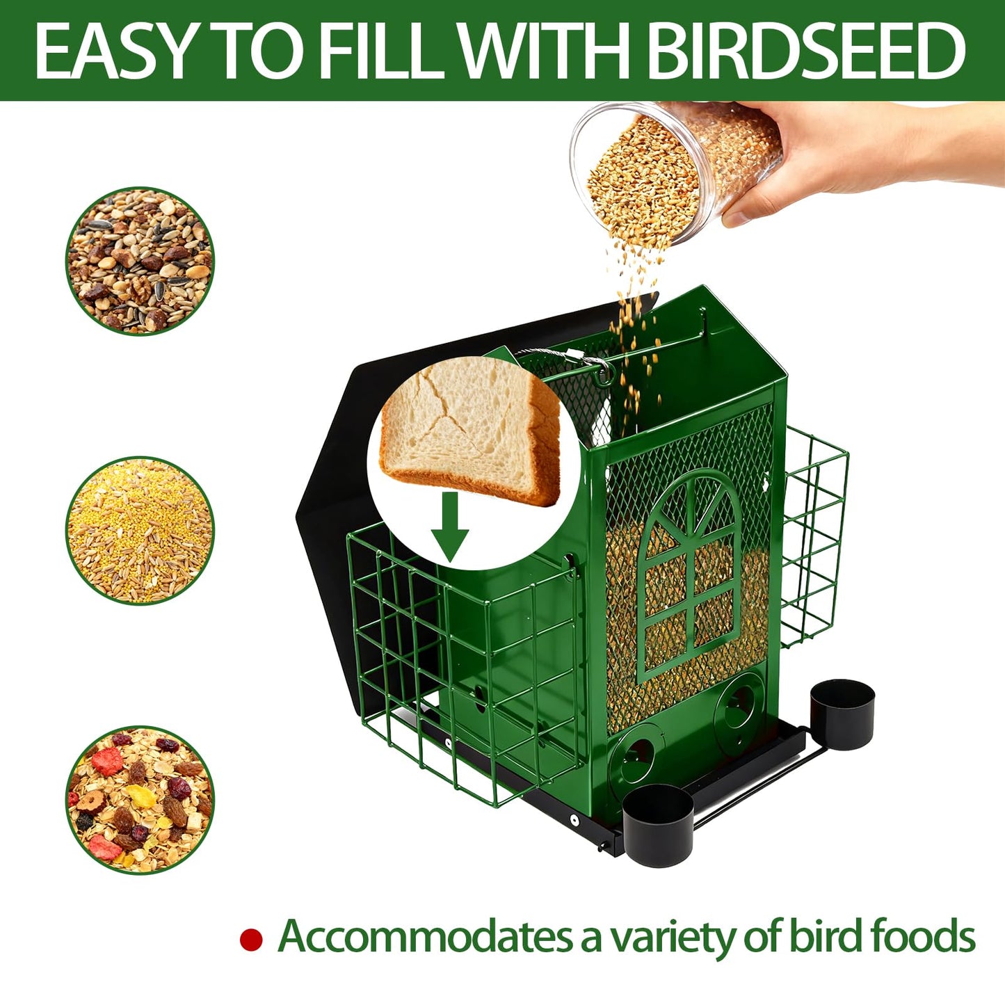 QZLOHOM Outdoor Metal Hanging Bird Feeder Large Capacity Premium Wild Bird Feeder (Includes Bread Tray) Metal Mesh Design Multi-Compartment Food Storage Green (Green)