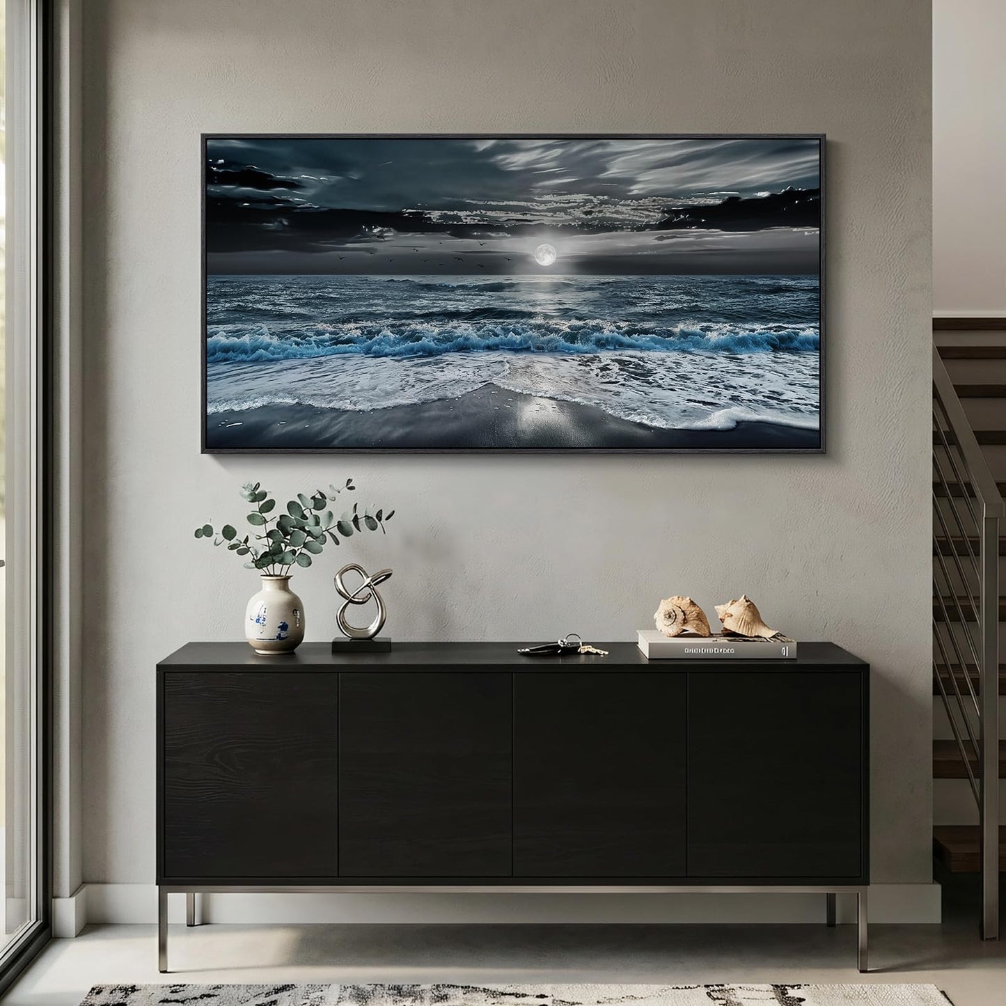 Framed Moonlight Coastal Wall Art for Living Room, Horizontal Blue and Black Beach Ocean Seascape Artwork for Walls, Large Canvas Picture Print for Bedroom Dining Room Office Wall Decor, 24x48 Inch