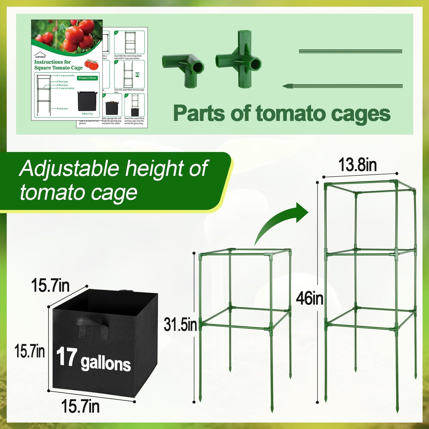 ANPHSIN Sturdy Square Tomato Cage with Movable 17 Gal Grow Bags - 3 Sets 46'' Plants Garden Trellis Planter, Support for Indoor Outdoor, Cucumber, Beans, Peppers, Eggplants, Climbing Vegetables