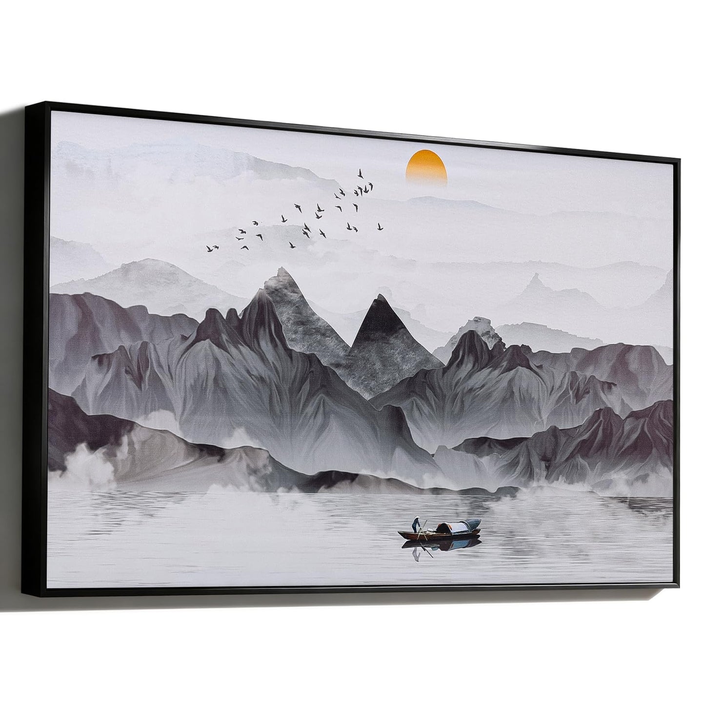 Kepfire Large Landscape Wall Art Metal Framed for Living Room Bedroom, 57"×31" Chinese Ink Wall art Canvas,Black and White Mountain Water Landscape Wall art Canvas for Room Office Decor