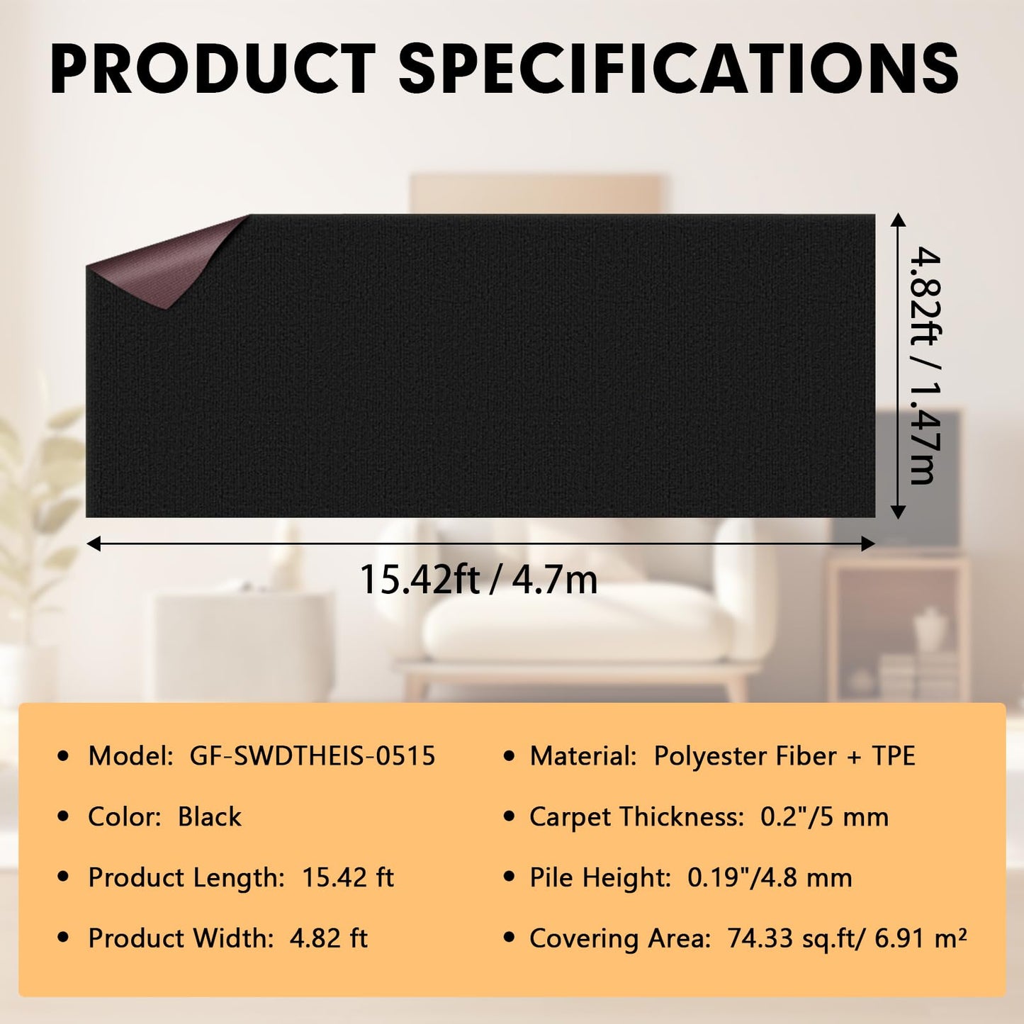 Grefinity Marine Carpet, 5 FT x 15 FT Black Indoor/Outdoor Rug 0.2" Thick TPE Backed Non-Slip Boat Carpet Roll for Home, Patio, Porch, Deck