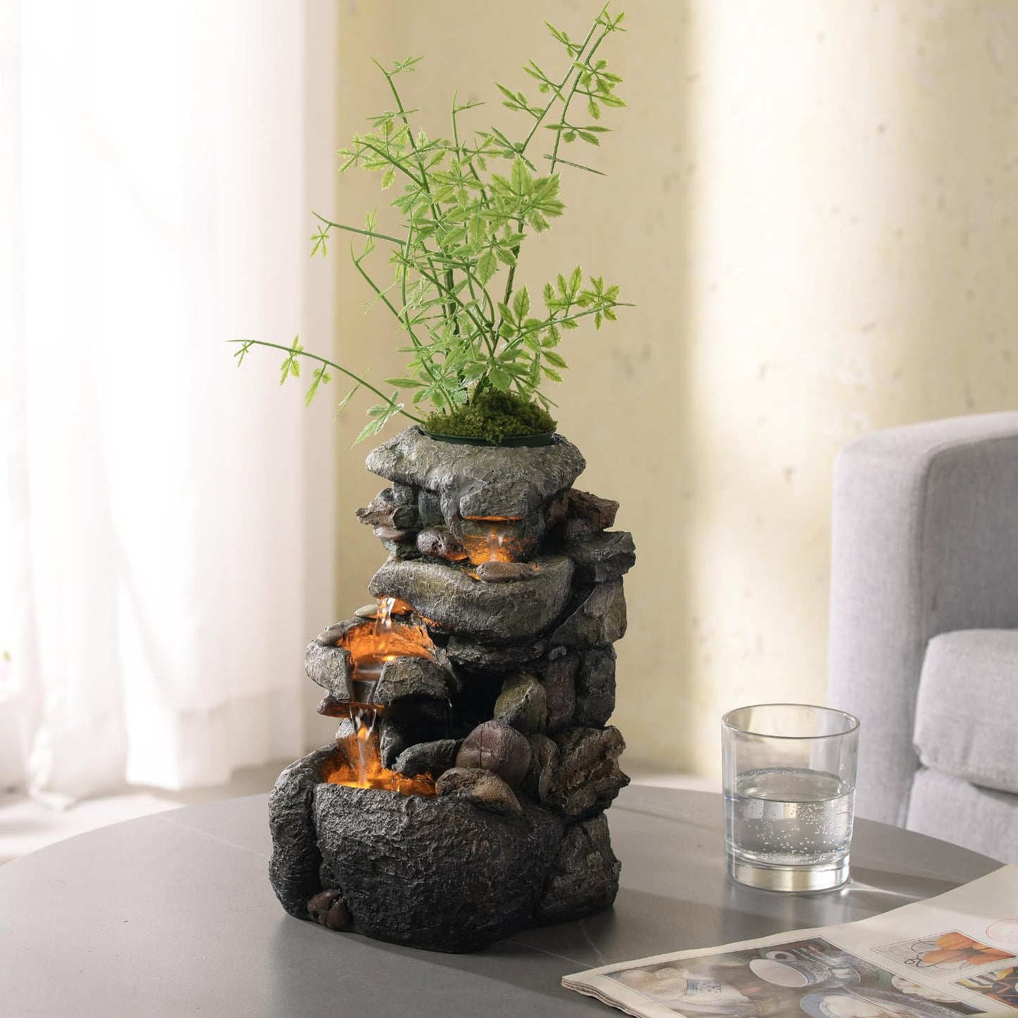 Tolevoit Tabletop Water Fountain with LED Lighting for Indoor Decor and Ambiance Relaxation Soothing Sound Waterfall Indoor Zen Relaxation for Office Home Decorations Growing Plants by Yourself
