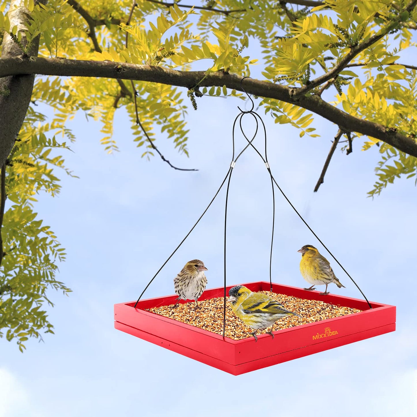 MIXXIDEA Bird Feeder Hanging Tray Seed Tray Wooden Platform Hummingbird Feeder Hanging Tray Mesh Seed Platform for Garden Yard Outside Decoration Attracting for Wild Birds (Red-1pk)