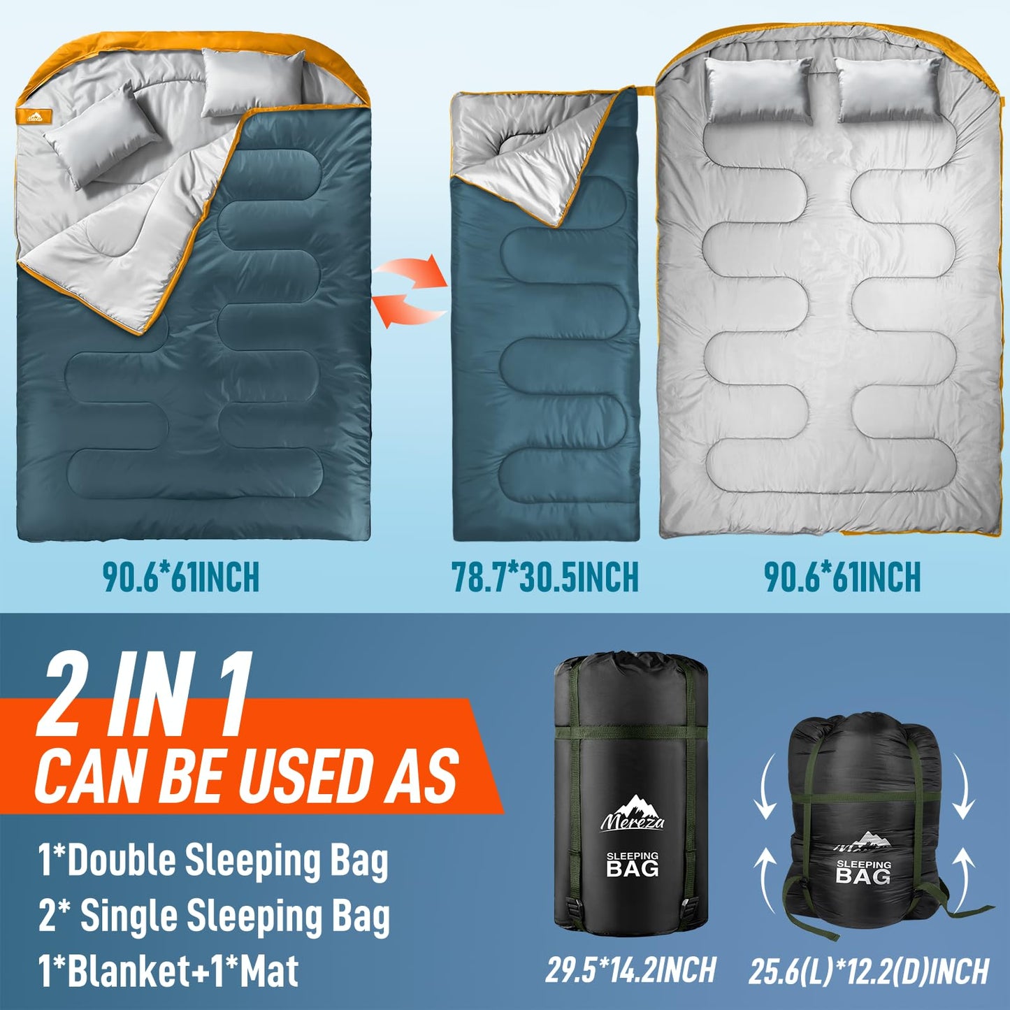 MEREZA Double Sleeping Bag for Adults Mens with Pillow, XL Queen Size Two Person Sleeping Bag for All Season Camping Hiking Backpacking 2 Person Sleeping Bags for Cold Weather & Warm (Blue&Yellow)