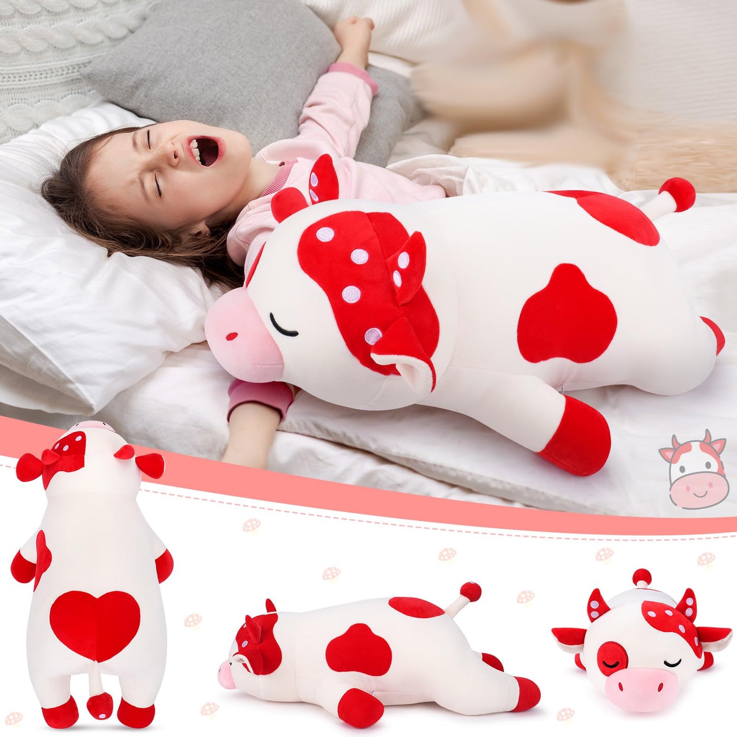 Auspicious beginning 30'' Giant Mushroom Cow Plush Stuffed Animal-Cute Mushroom Cow Plush Body Pillow Plushies, Large Sleeping Cow Stuffed Animal Big Plushie Toy, Birthday Gifts for Kids Girls Boys