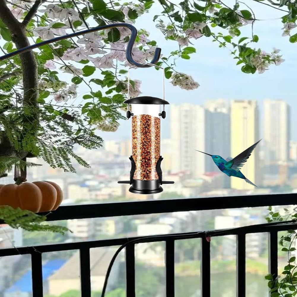 Metal Bird Feeder, Tube Bird Feeders for Outdoors Hanging, Heavy Duty Chew-Proof and Rust-Proof Tube Bird Feeder, Weatherproof & Steel Hanger, Attracting for Wild Birds (Black)