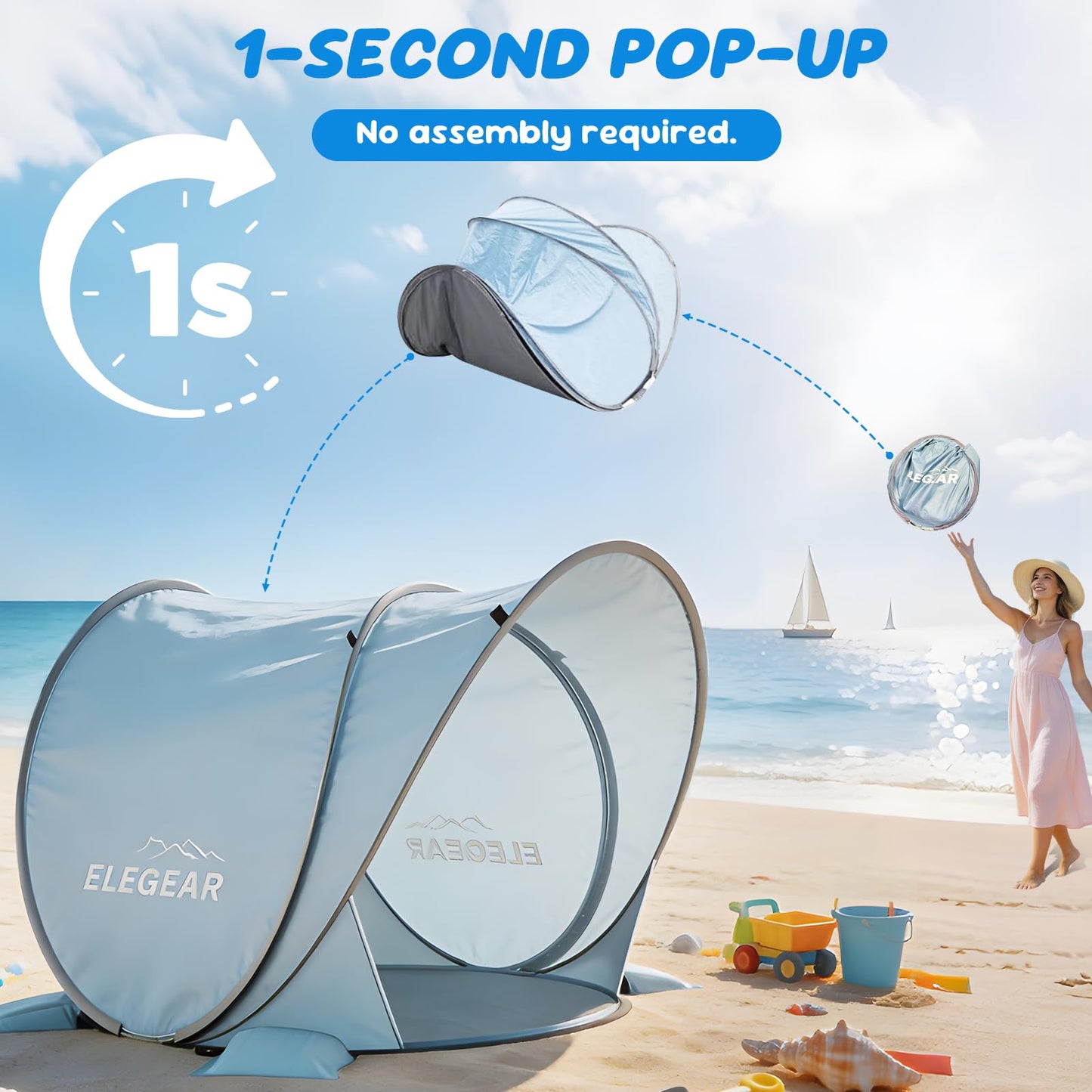 Elegear Pop Up Baby Beach Tent with Mini Canopy, CumbreX™ UPF 50+ UV Protection Baby Tent Sun Shelter, 1S Setup Portable Baby Beach Essentials Shade for Infant Toddler Outdoor Indoor Play - Blue