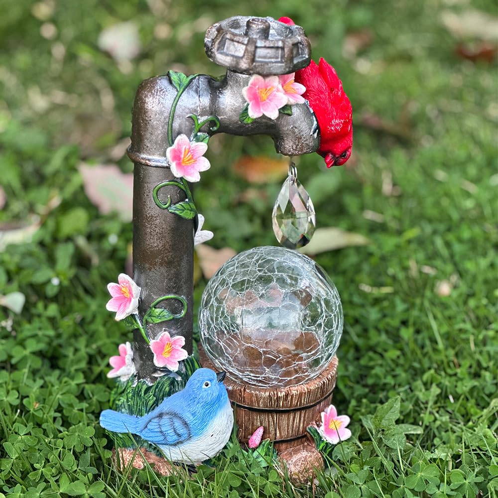 ZYLiWoo Solar Cardinal Garden Statue Decoration, Water Faucet and Solar Light Glass Ball, Outdoor Resin Garden Statue, Cardinal Gift, Women's Mother's Birthday Gift, Size 9.45 inches