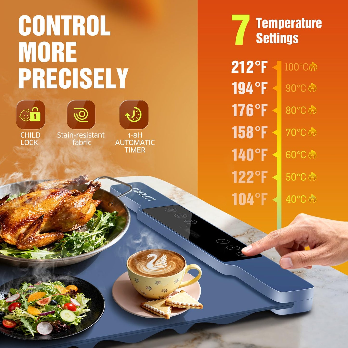 LIFENG Food Warming Mat, Extra Large 35.43×13.39 Inch Silicone Electric Warming Tray, Rollable Portable with 7 Temp Settings, Even Heating Easy Clean for Holiday Party Buffet Daily Use, Blue