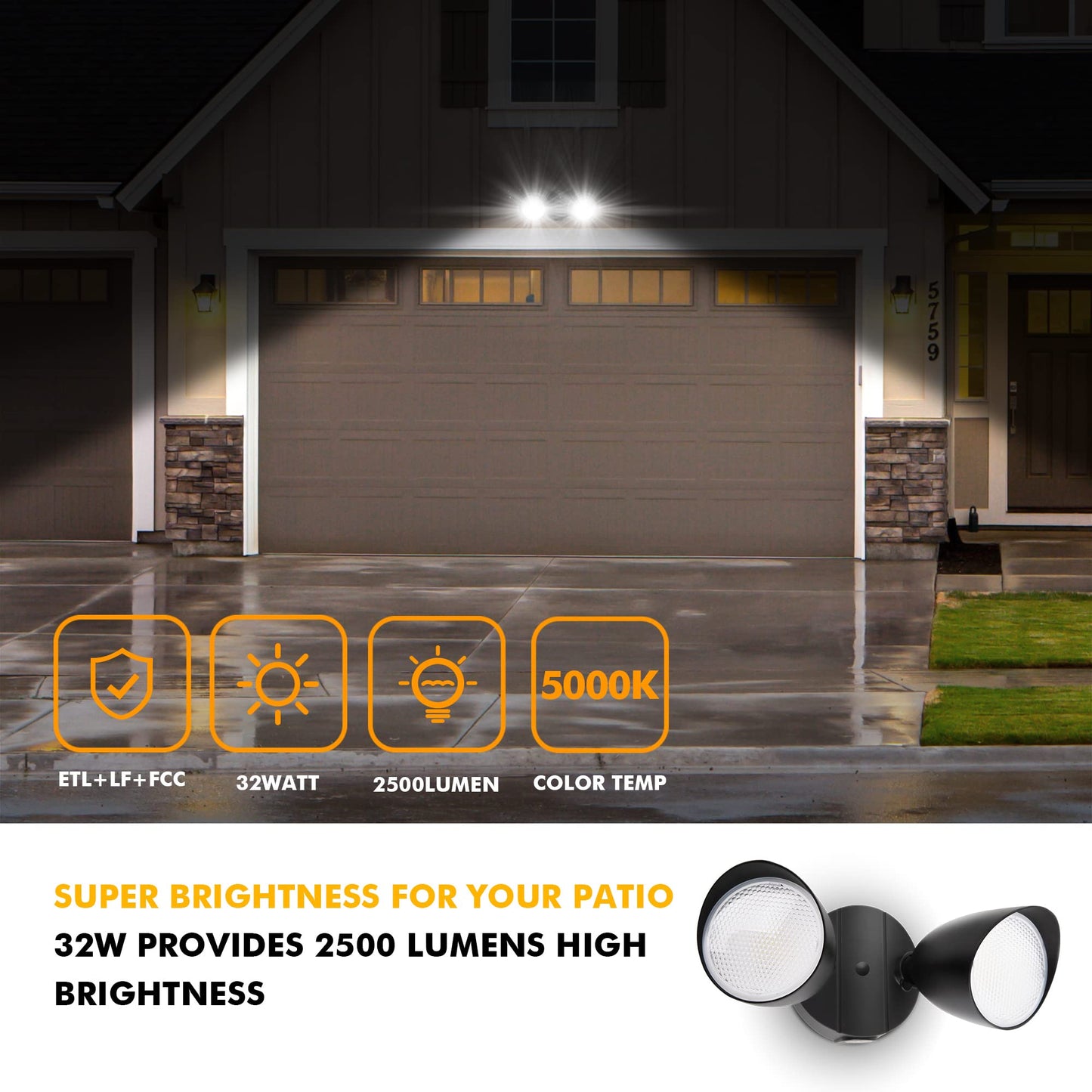 UME 2-Packs 2500 Lumen 32 Watt 28 LED Dual-Head Floodlight Outdoor, Full Metal Design, Waterproof Exterior Security Wall Light 5000K for Patio, Garden, Yard-Black