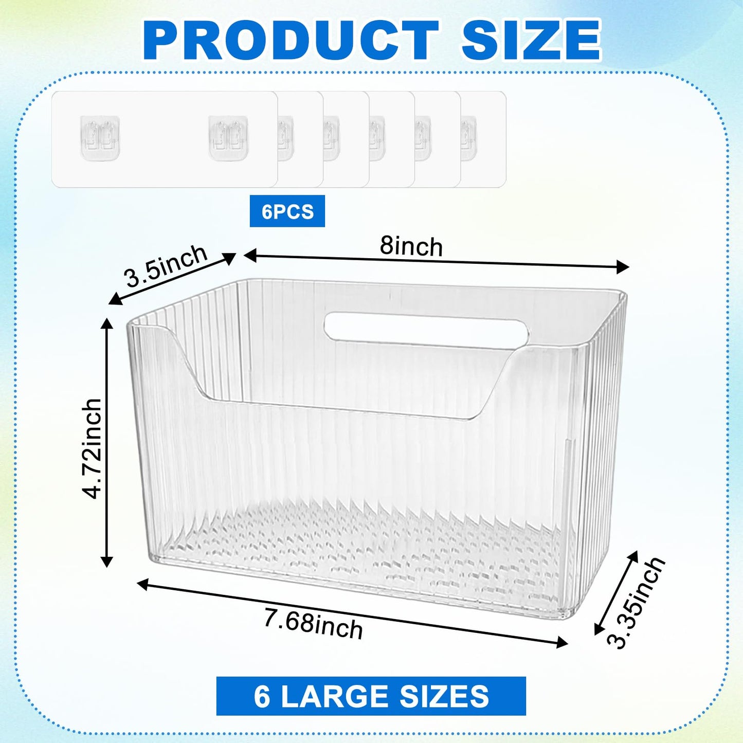 6Pcs Storage Organizer Bins Wall Mounted Organizer Basket Large Size Clear Plastic Makeup Organizer Adhesive Hanging Bin for Bathroom Kitchen Pantry