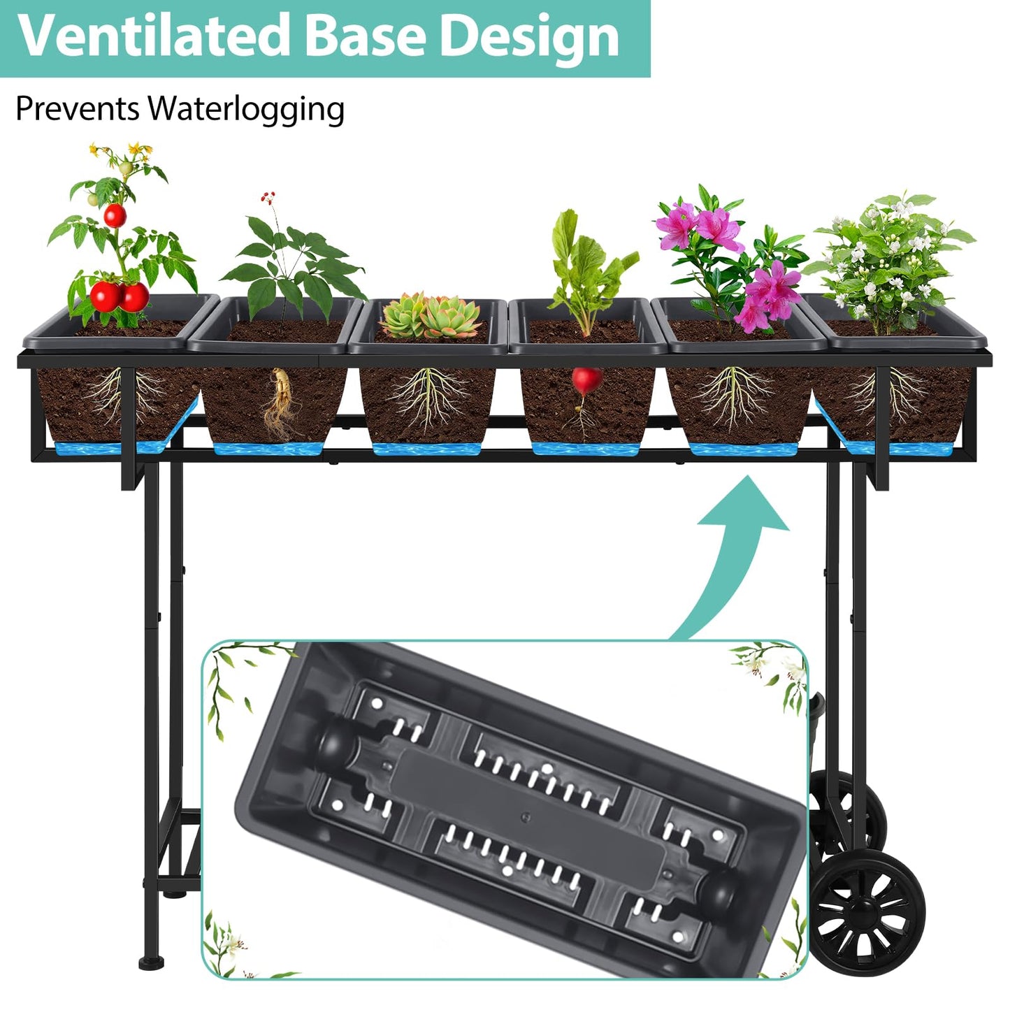 YBING Raised Garden Bed with Wheels Outdoor Elevated Planter Box Stand 6 Pocket Raised Flower Bed with Legs and Storage Shelf Herb Garden Planter for Patio 30" Tall, Dark Grey