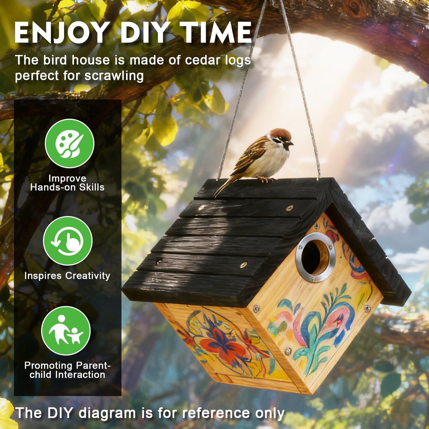 Gtongoko Hanging Wren Bird Houses for Outside, Cedar Wooden Bird Houses for Outdoors, Bird Nest with Air Vents, 1-1/8"Entrance Hole, Clean Door for Wildbird Watching, 1 Pack Black