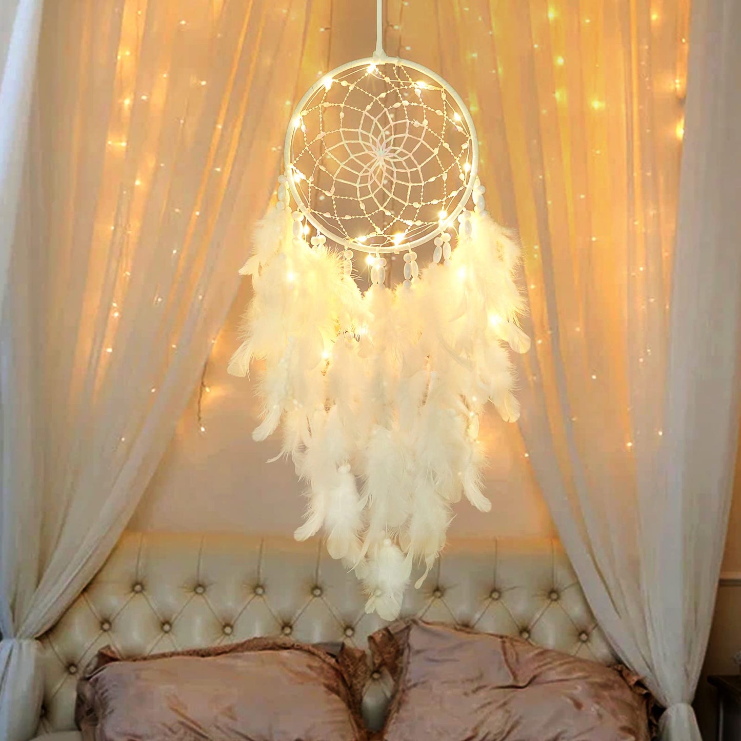 Dremisland White Feathers Dream Catcher Wall Hanging Elegant Wall Art Room Decoration for Windows Balcony Bedroom Wedding Party Gift for Girls and Kids (with Lights)