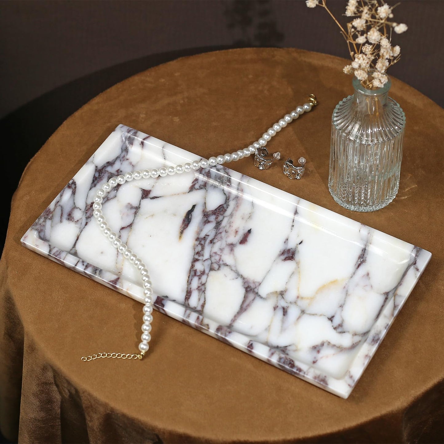 Natural Marble Tray, Coffee Table, Food, Fruit, Paper Cup, Cake Display, Coffee bar, Family Gatherings, Seasonal Holiday Decoration Tray(Viola-rectangle-11 x5 x0.7)