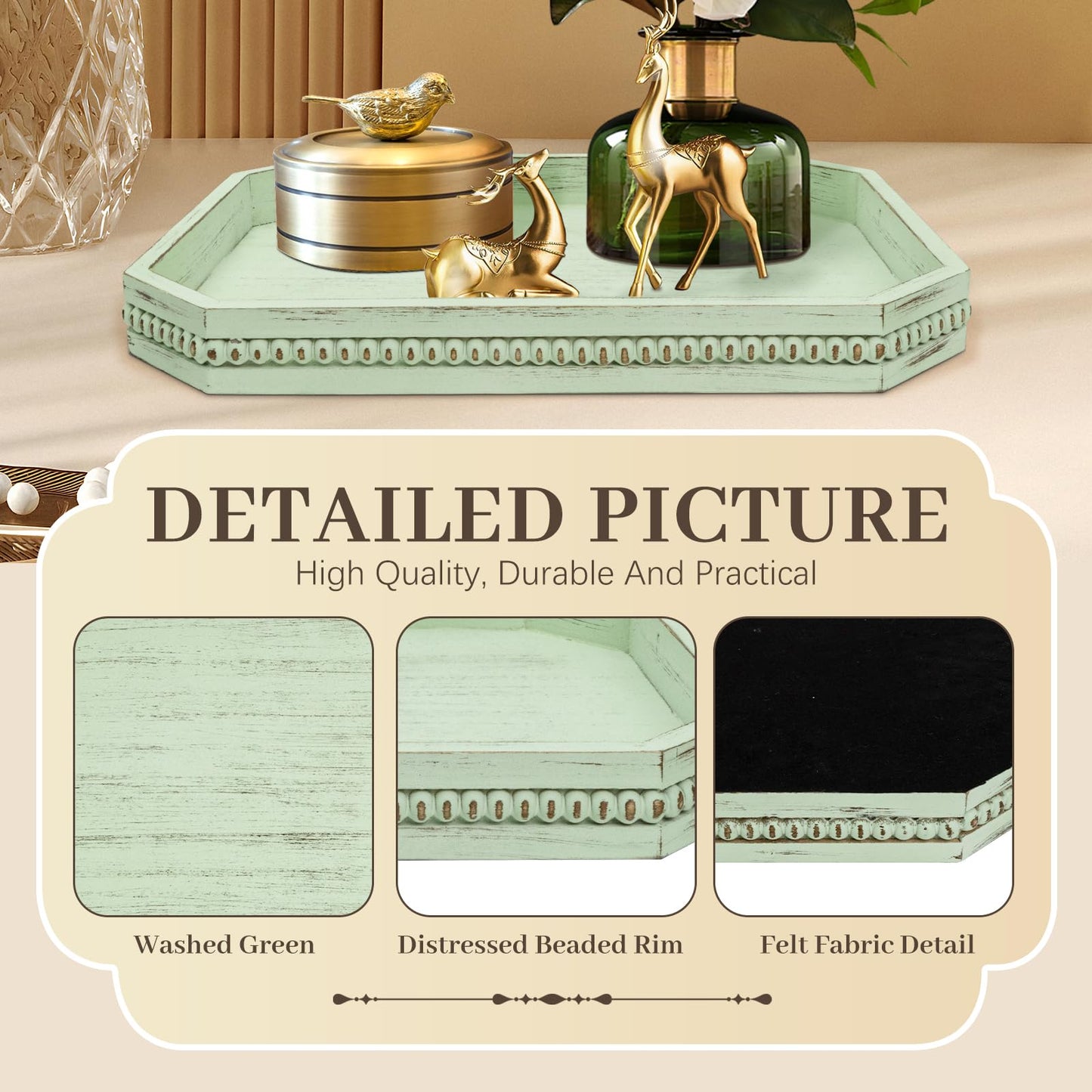 Wooden Decorative Tray, Rustic Sage Serving Tray with Wood Bead, Coffee Tabl, 16.5" x 13"x 1.6" (Sage Green)
