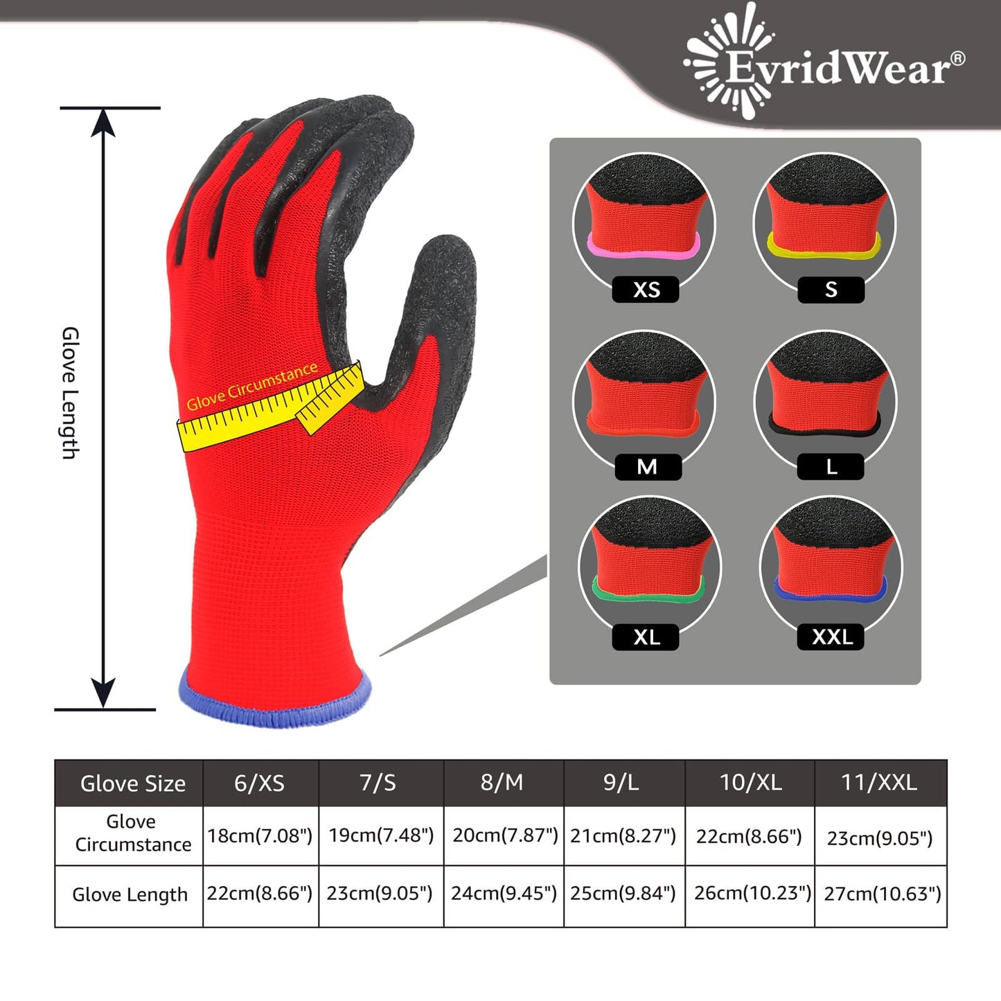 Evridwear Crinkle Latex Rubber Hand Coated Safety Work Gloves for Men Women General Multi Use Construction Warehouse Gardening Assembly Landscaping,Red XX-Large 12 Pairs Pack