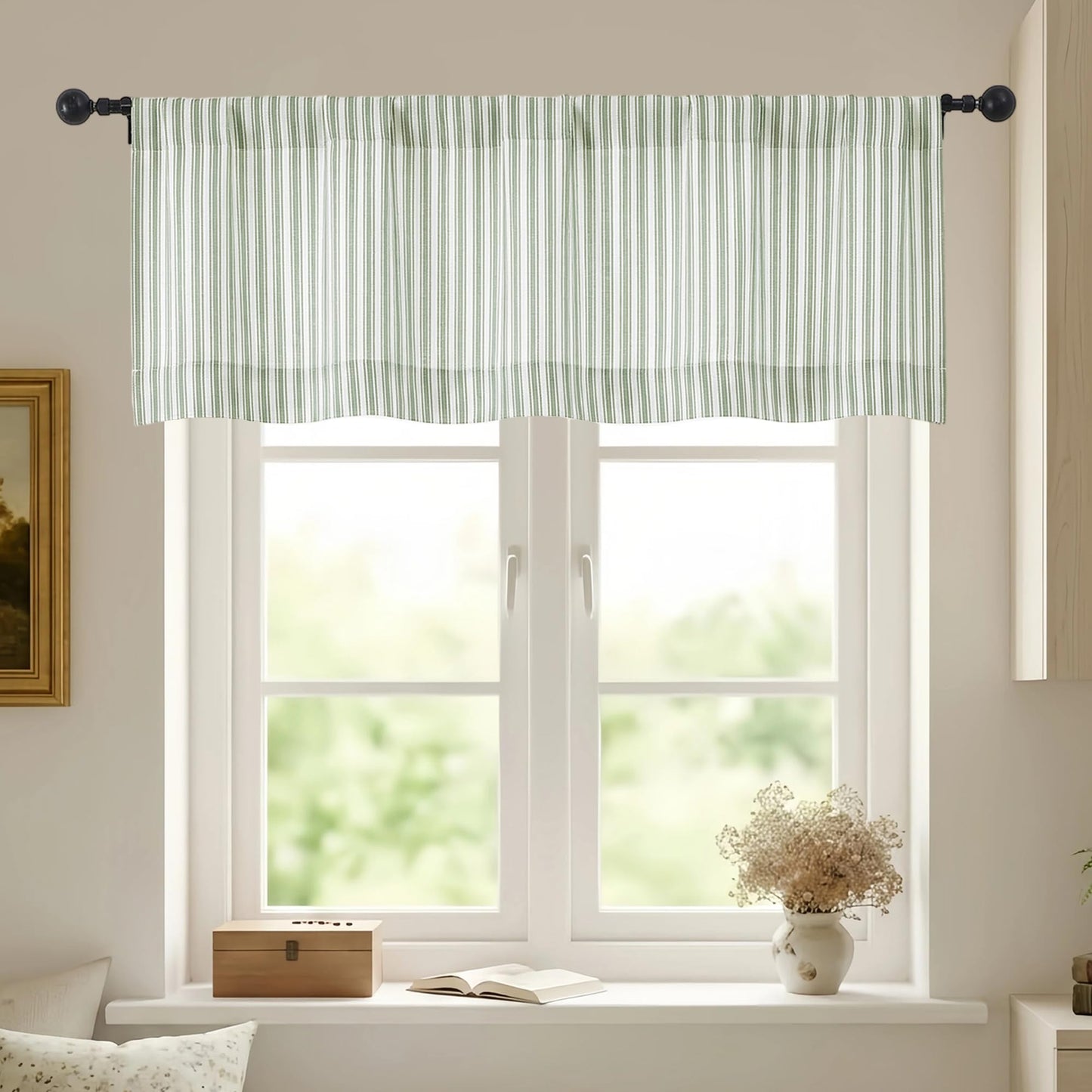 Chyhomenyc Striped Valances for Windows - Light Filtering Faux Linen Small Kitchen Valance Curtains, Boho Ticking Stripe Rod Pocket Farmhouse Valance for Living Room, 52Wx14L, 2 Pieces, Sage Green