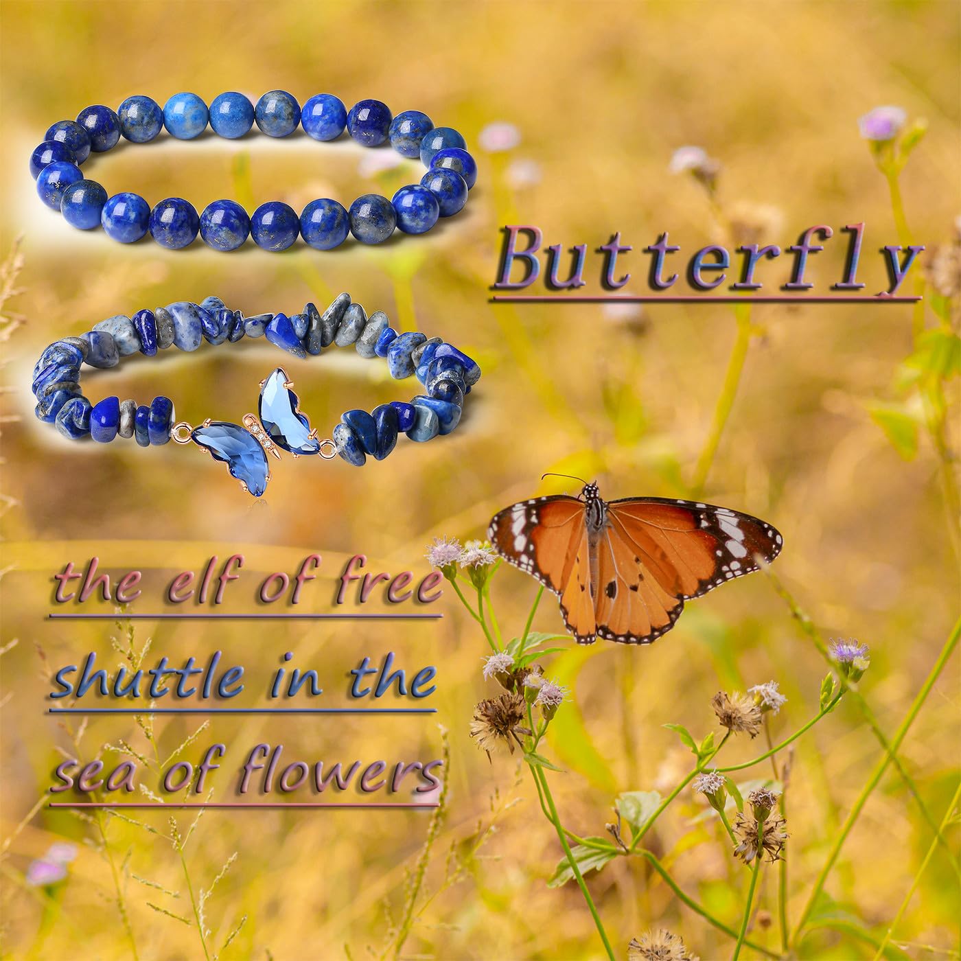DUQGUHO Blue Bracelets for Women Lapis Lazuli Bracelet Blue Beaded Bracelets for Women Healing Bracelets for Women Butterfly Bracelets Blue Gemstone Bead Jewelry 8mm Blue Gifts for Women 2Pcs