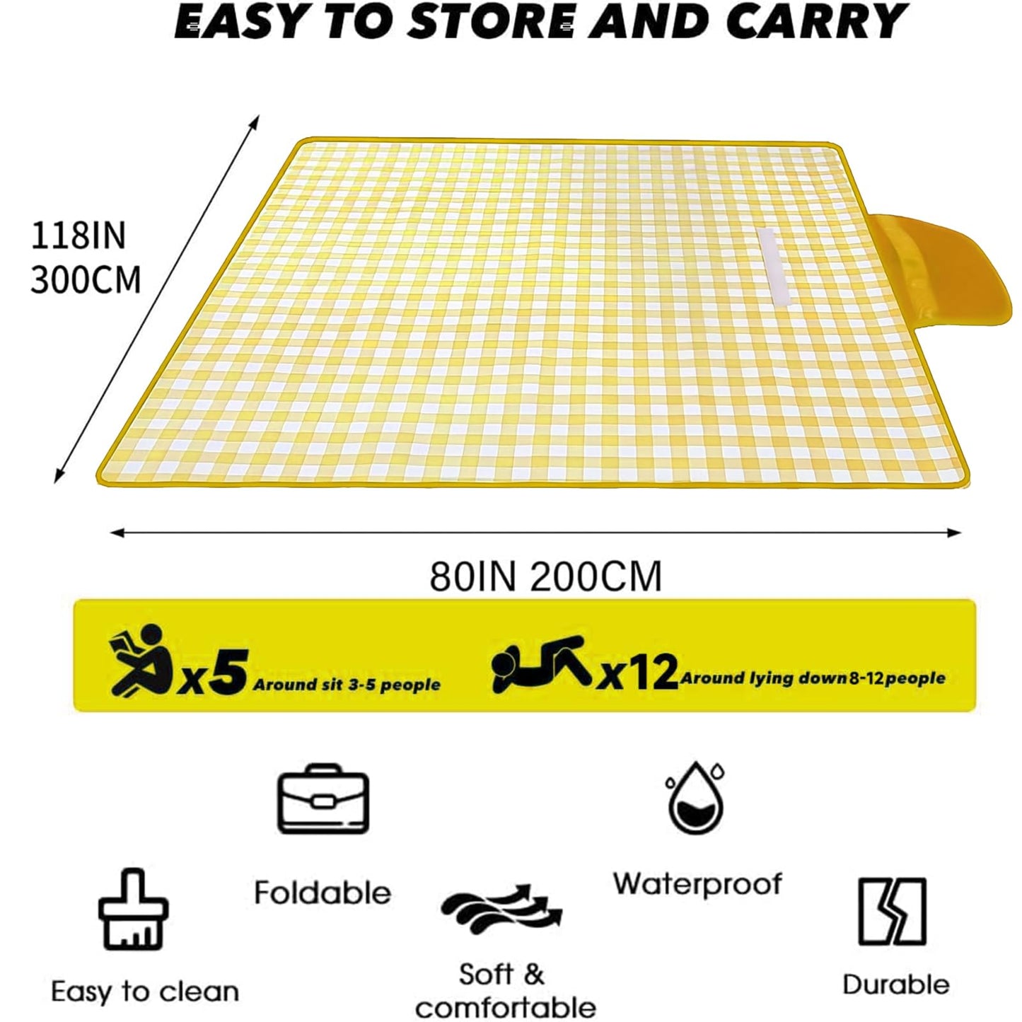 SHENIAFC 80" x 120" Sandproof Waterproof Picnic Blanket, Beach Mat for Outdoor Camping Hiking Park, Portable with Tote Bag, Non-Stick Sand & Grass, Foldable for Indoor Outdoor Use (Yellow)