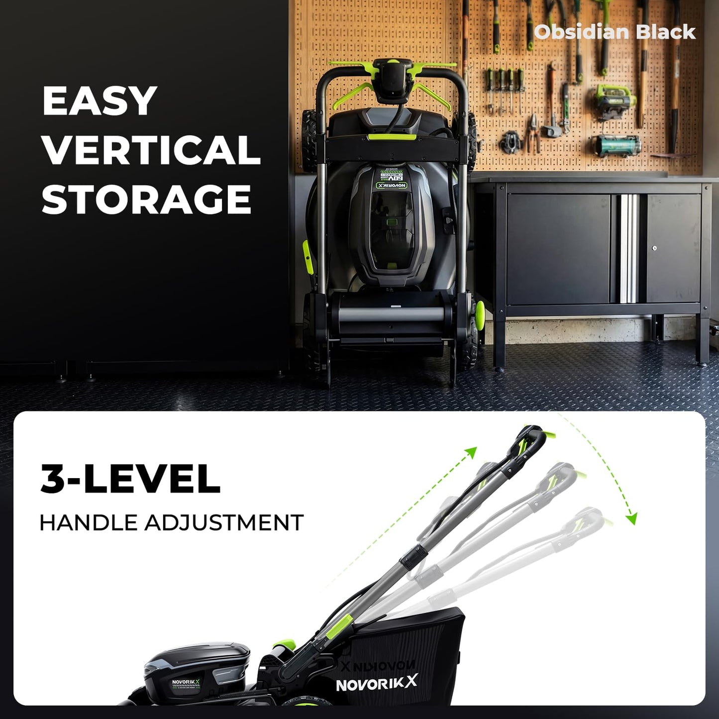 NovorikX 60V 5Ah Self-Propelled Electric Cordless Lawn Mower with 5.0Ah Battery 21-Inch, Brushless Mower for Large Yards, LED Headlight, Rapid Charger 3-in-1 Versatility Obsidian Series