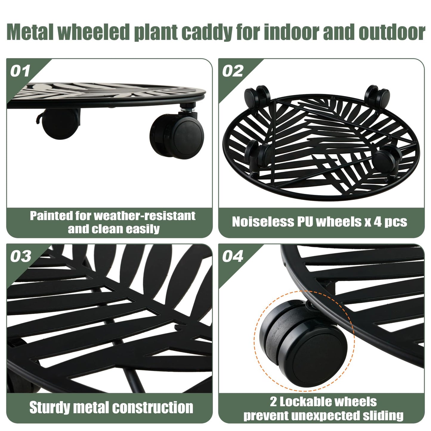 3 Packs Large Metal Plant Caddy with Wheels 13" Rolling Plant Stands Heavy-duty Wrought Iron Roller Planter Movers Indoor Outdoor Wheeled Plant Dolly with Casters Tray Coaster, Slender leaves