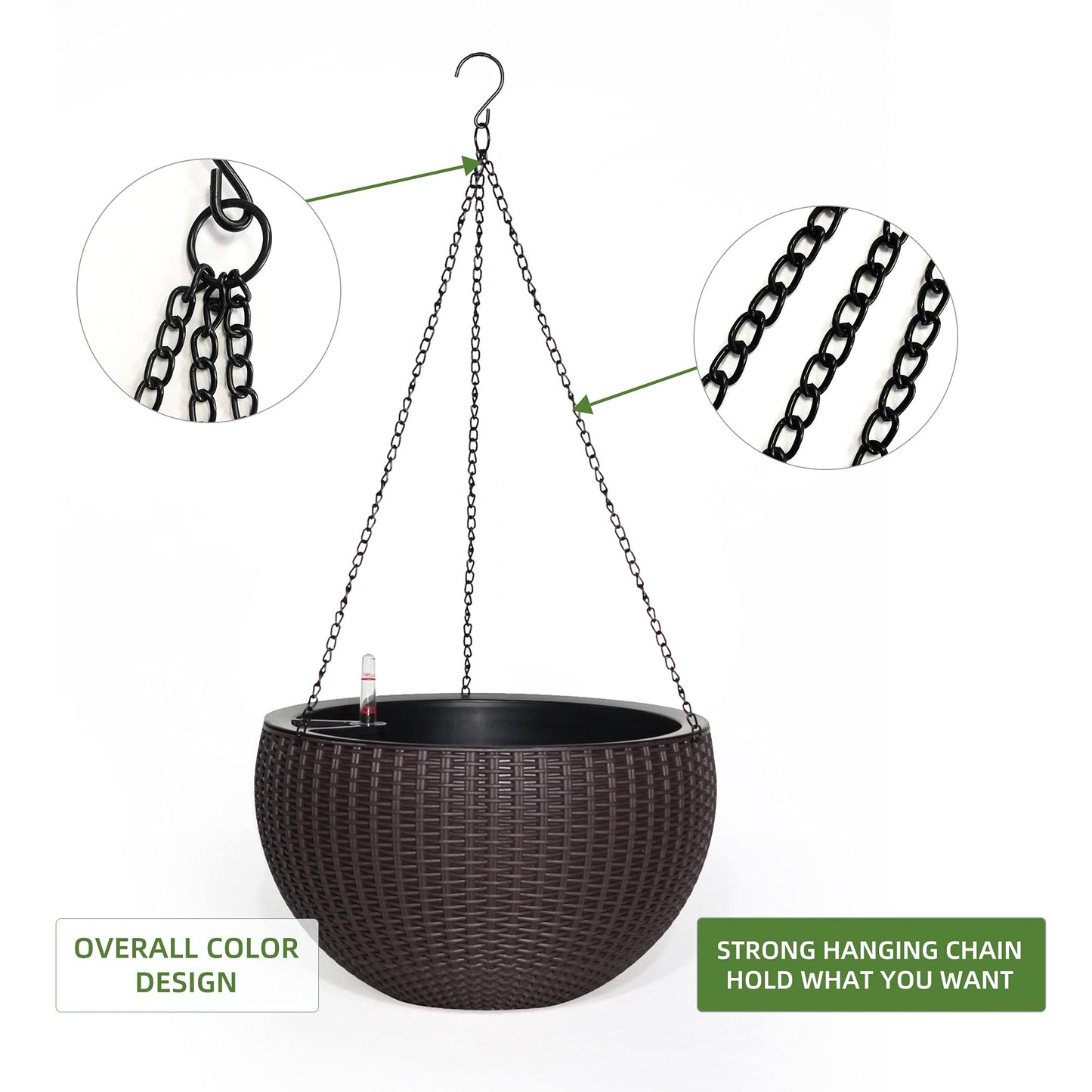 Dexceder 13.5 Inch Large Self Watering Hanging Planters Indoor Outdoor, Thickened Hanging Basket Flower Plant Pot with Water Level Indicator (Brown)