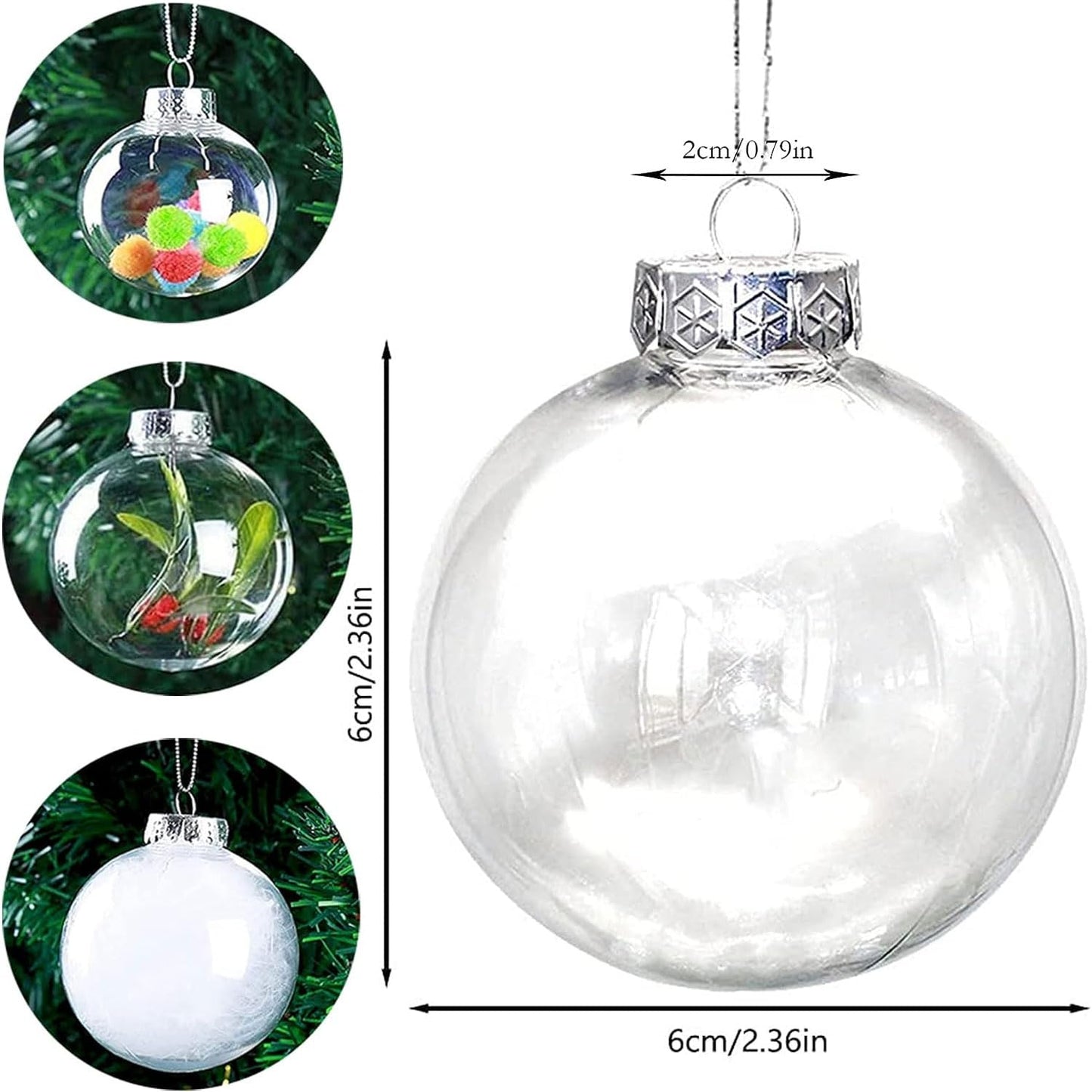 16PCS DIY Christmas Hanging Decoration，2.36Inch Clear Plastic Fillable Ornament Balls， for Christmas, Halloween, Birthday, Wedding Decor, DIY Crafts Decorations (60 mm)