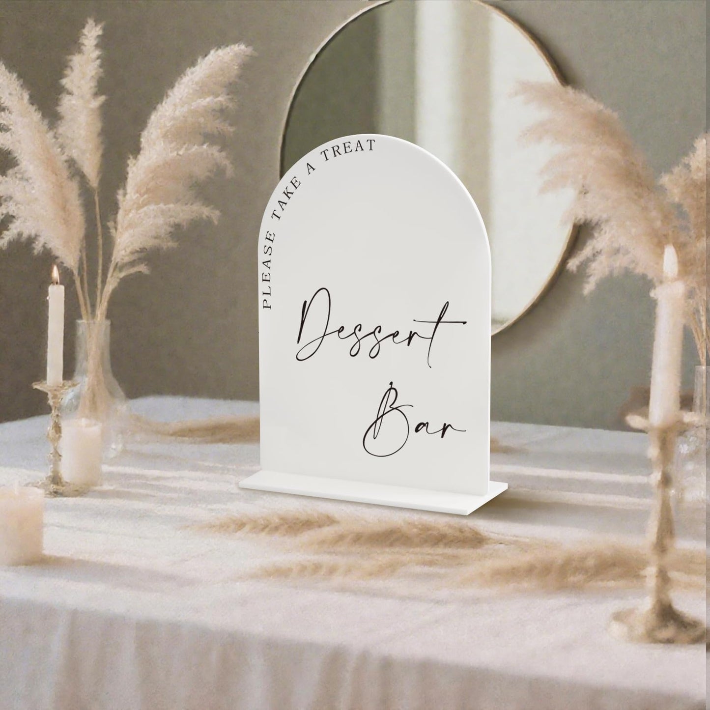 Acrylic Dessert Bar Sign – 6x8” Arch Tabletop Sign with Base, 1/8” Thick – Modern Wedding Dessert Table Décor, Party Reception Candy Bar Signage White