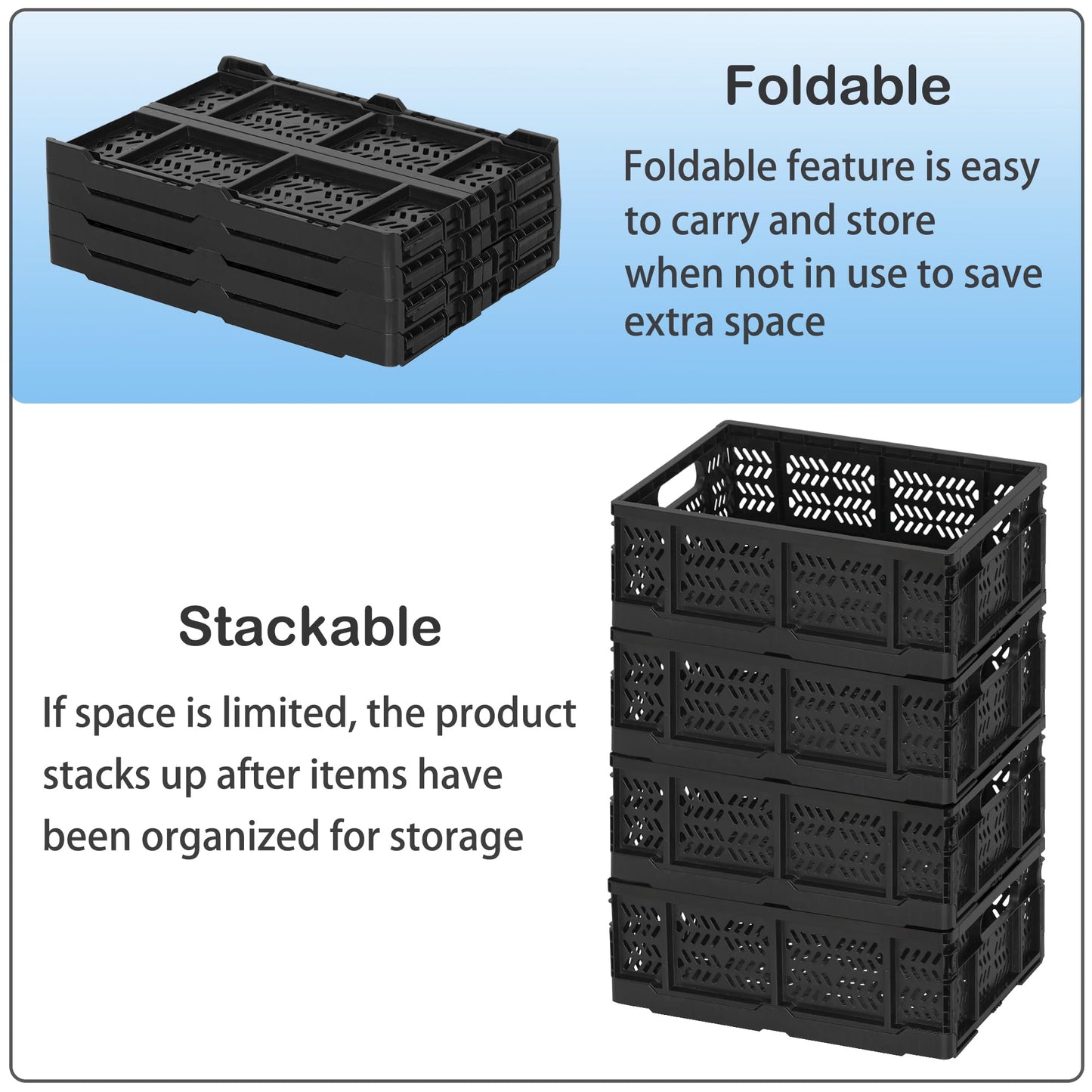 Senhoglb 4-Pack Collapsible Crate for Storage, 19L Folding Crate Plastic for Organizing Groceries Fruit with Handle, Collapsible Milk Crates for Home Office School Trunk, Black