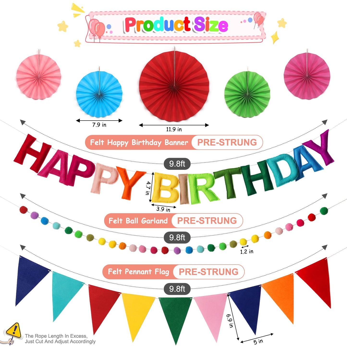Danadia Pre-Strung Happy Birthday Banner, Reusable Felt Birthday Party Decorations, 3D Effect Happy Birthday Sign with Felt Ball Garland, Pennant Flag, Hanging Paper Fans for Men Women Boy Girls (Rainbow)