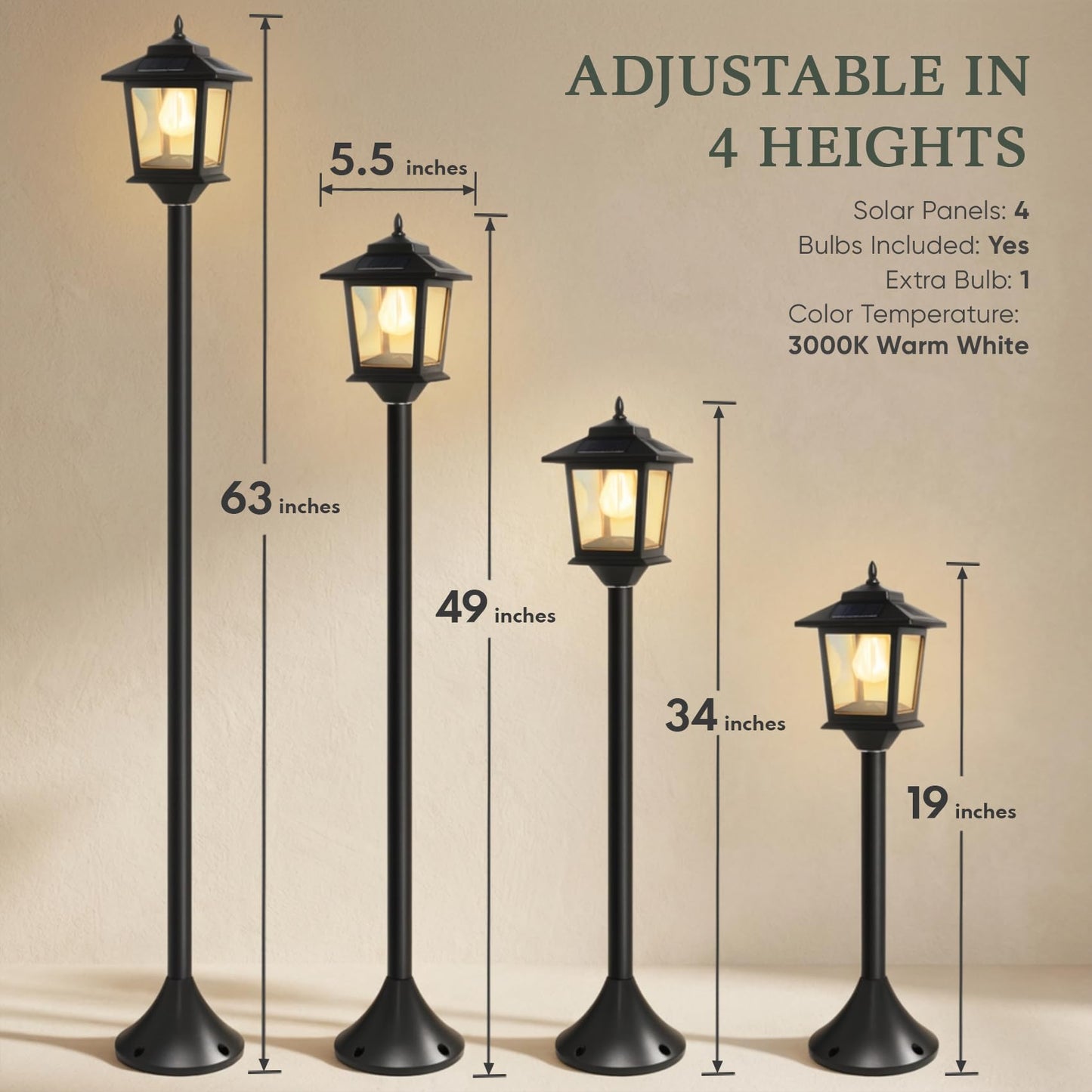 PASAMIC Outdoor Solar Post Lights, 2-Pack 63" Dusk to Dawn Solar Lamp Posts, Waterproof Floor Lamps, Warm White Pole Lights for Patio with Replaceable Bulb