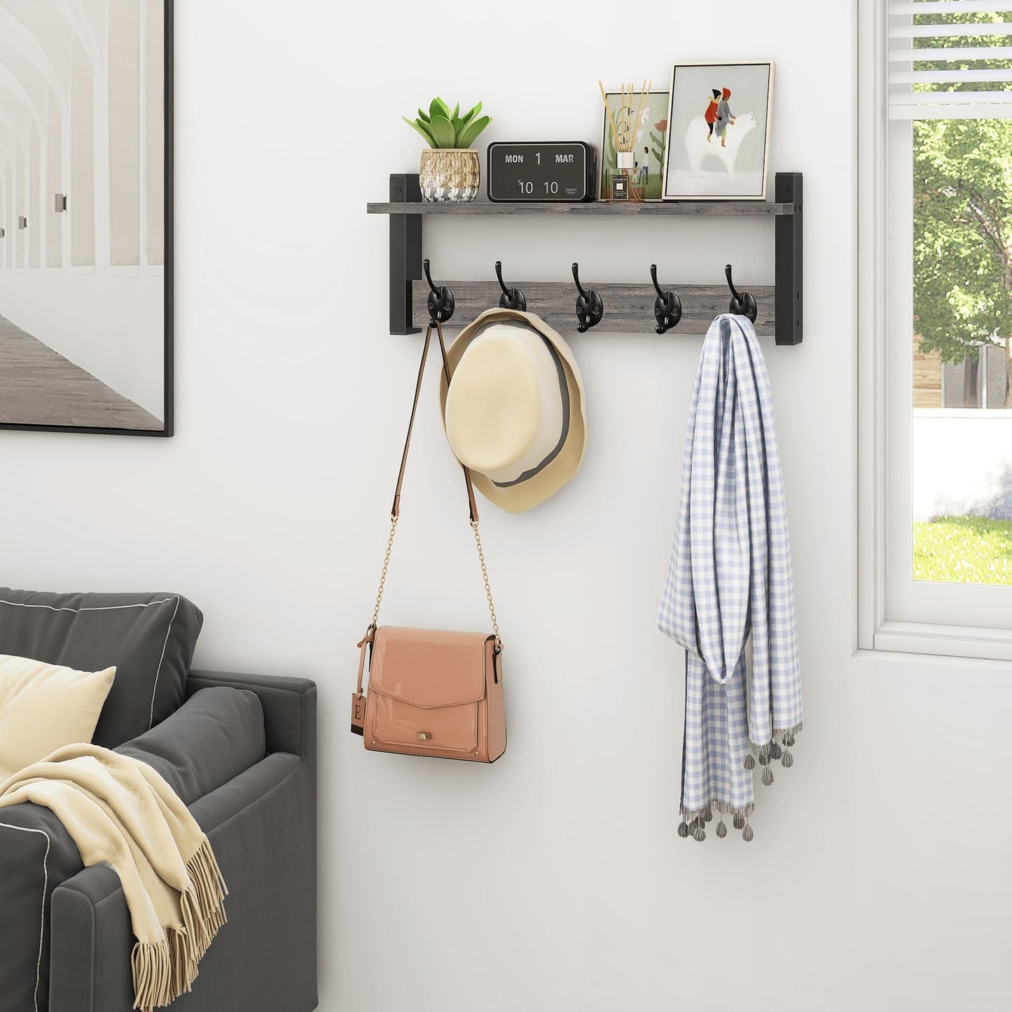 Homode Wall Hooks with Shelf, Coat Rack Wall Mount, Entryway Shelf with Hooks for Clothes, Backpack, Key, Purse - Rustic Grey