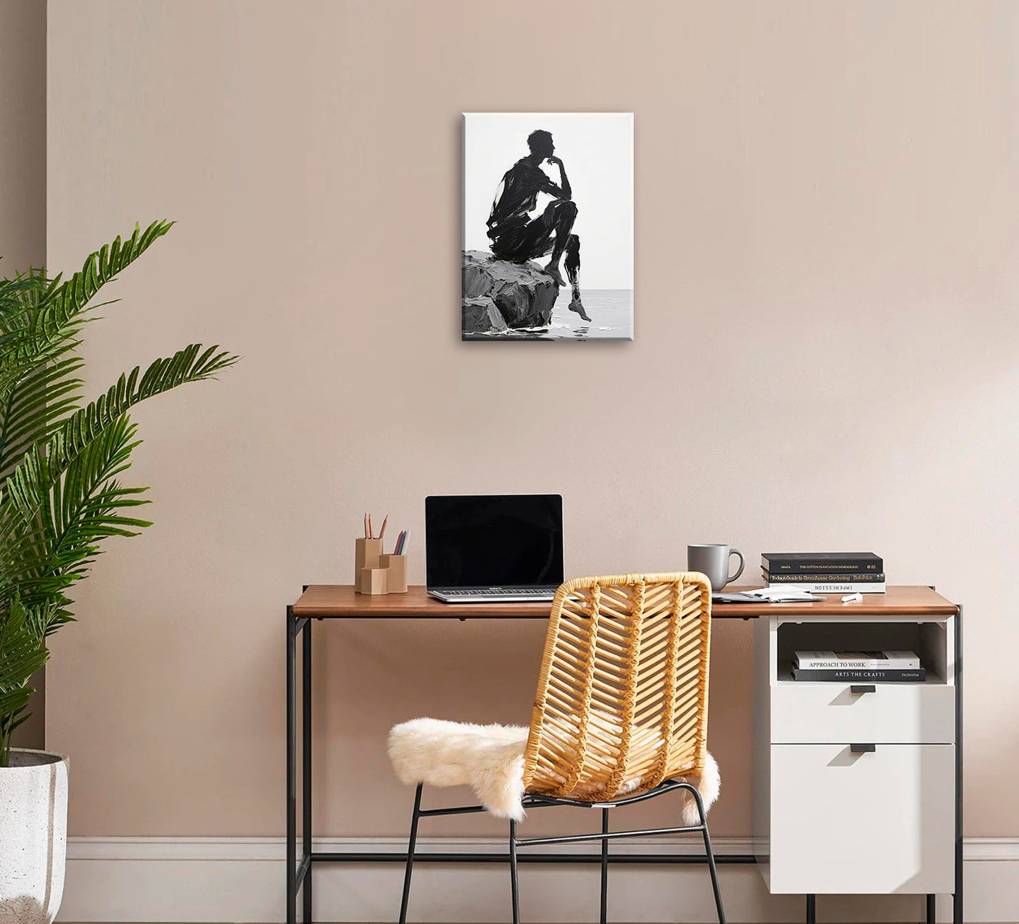 Black White Abstract Figure Wall Art Decor Modern 3D Textured Black White Grey Pictures Poster Minimalist Abstract People Canvas Painting Prints Artwork for Living Room Bedroom Framed 12x16 Inch