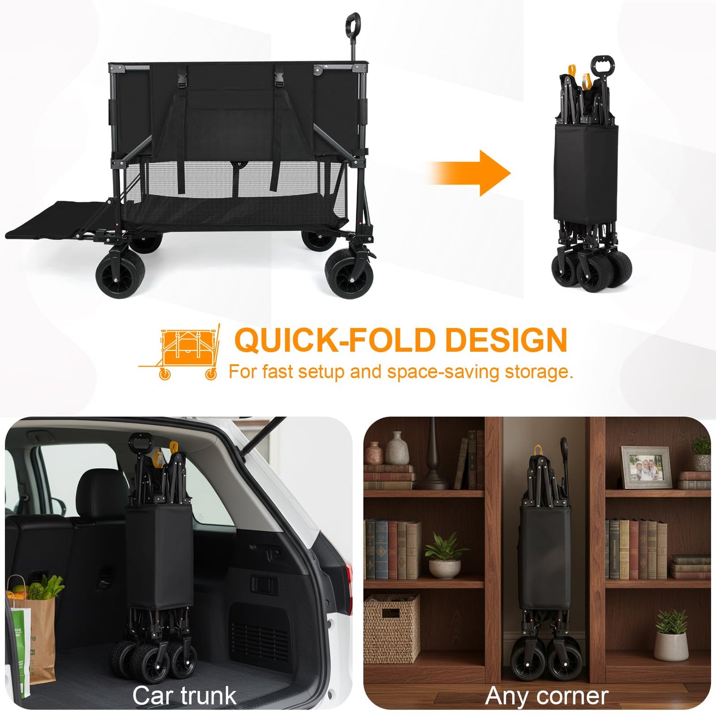 Double Decker Wagon Heavy Duty Collapsible, 600LBS 400L Capacity Foldable Utility Cart with Big Wheels for Beach, Outdoor, Camping & Gardening, Durable Steel Frame