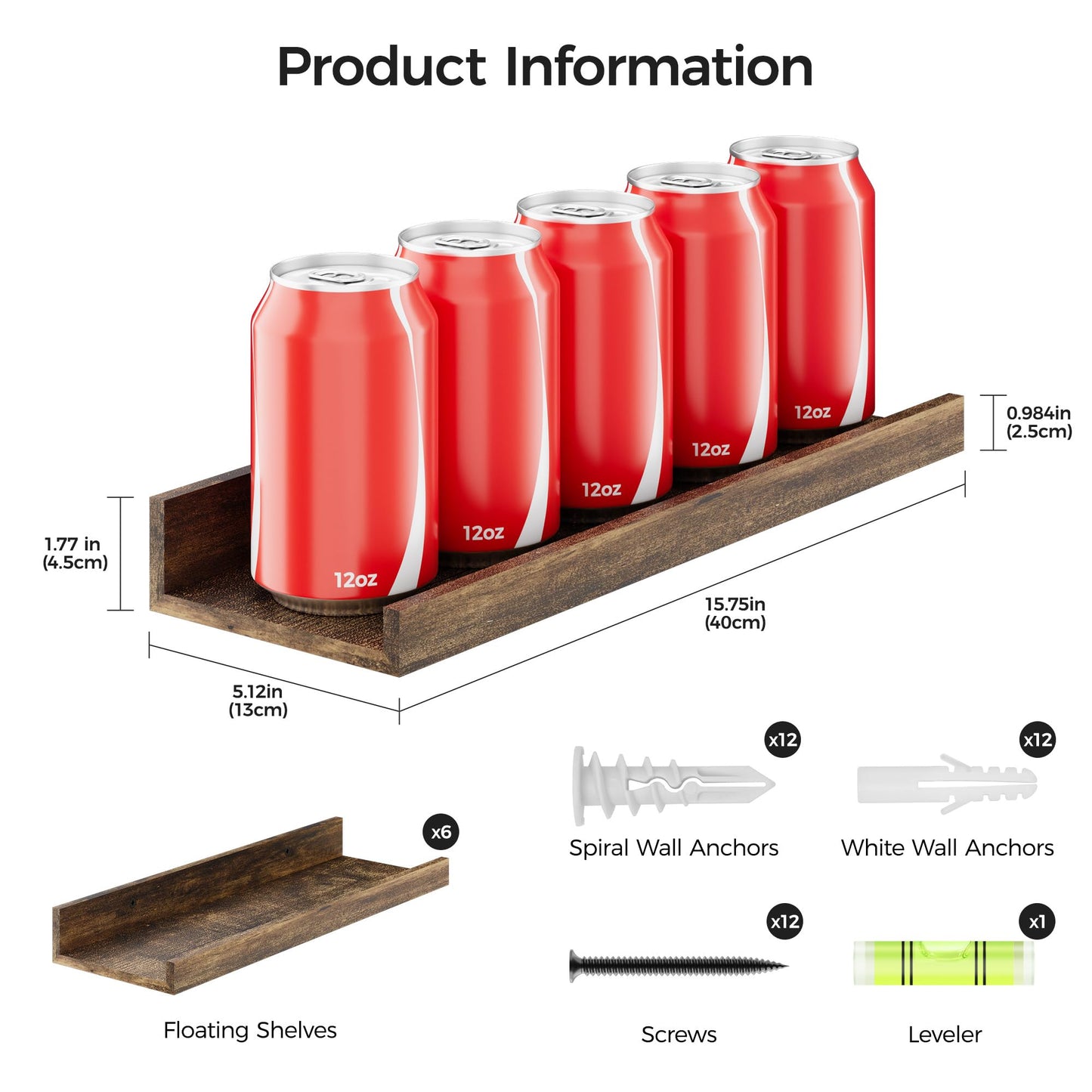 upsimples 6 Pack Wooden Floating Shelves, Wall Storage Decor Shelf for Bathroom, Bedroom, Living Room, Kitchen, Office and Laundry Room, Wall Mounted Display Hanging Shelf, Brown