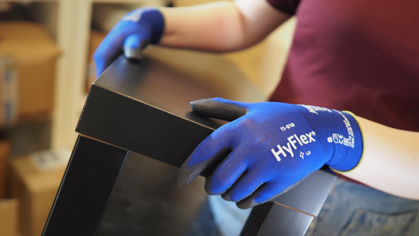 Ansell HyFlex 11-618 Ultra-Thin Industrial Safety Work Gloves for Auto, Machinery, Equipment, Fabrication - Size 9, Blue/Black (Pack of 12)