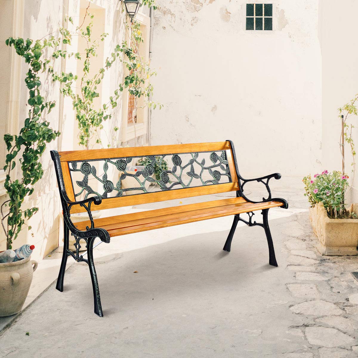 Giantex 50'' Patio Park Garden Bench, Outdoor Furniture Rose Cast Iron Hardwood Frame Porch Loveseat for 2 Person Outdoor Clearance