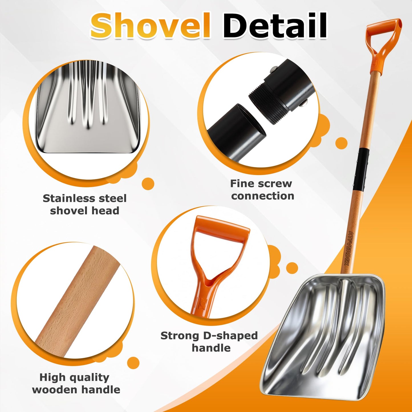 ATFVERDEX Scoop Shovel,Snow Shovel for Driveway with Non-Slip Wooden Handle and D-Shaped Grip,Quickly Clear the Snow from the Driveway and Yard