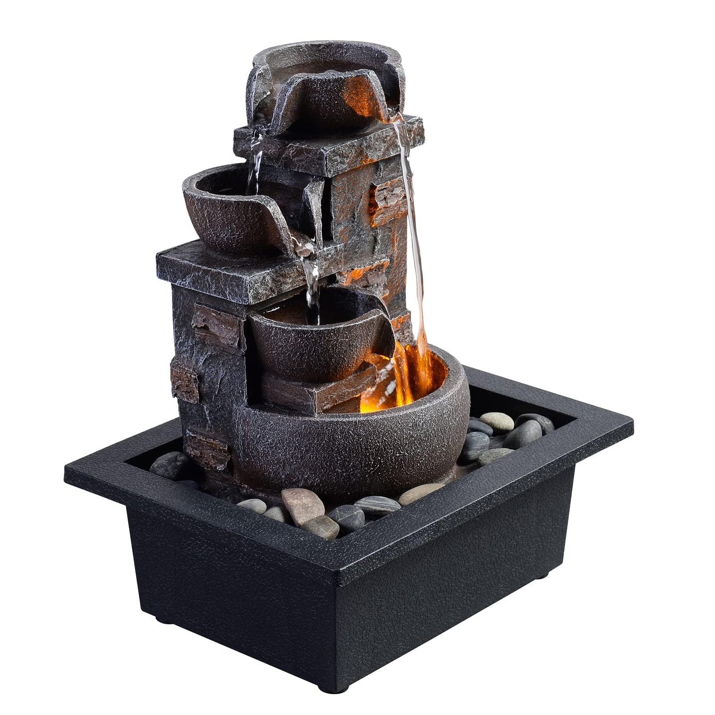 Kalona Décor Desktop Fountain - 10" 4-Tier Design with Imitation Stone, Indoor Waterfall Tabletop River Rocks & Resin Material for Serene Meditation & Relaxation - Ideal for Home & Office Decor