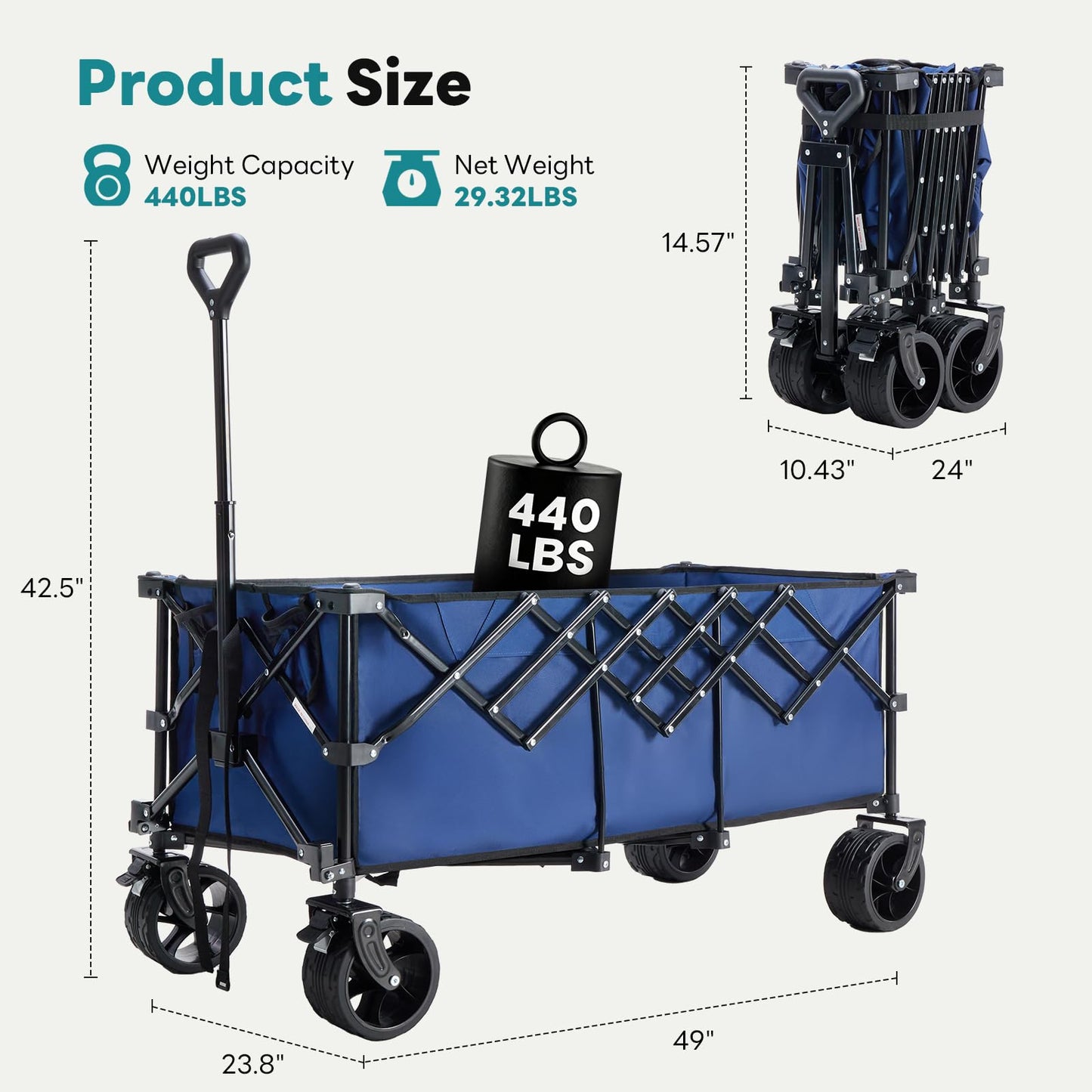 OLIXIS 49" Extra Long Folding Wagon Cart, 440LBS Heavy Duty Collapsible Wagon with Big All-Terrain Wheels, 250L Portable Outdoor Utility Cart for Shopping, Garden, Camping, Grocery, Sports - Blue