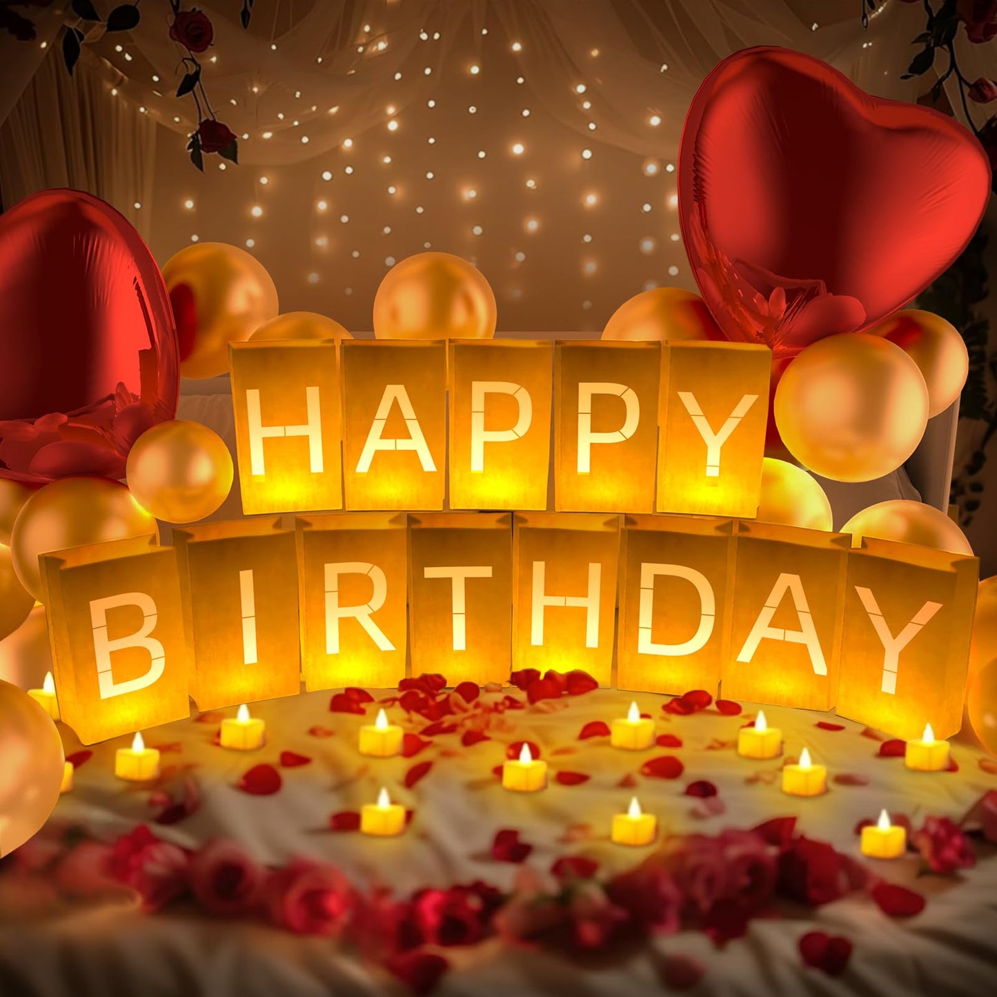 Peledic Happy Birthday Decorations, Include Light up Letters, with Tea Lights Candles, Latex Balloons, Aluminum Balloons and Rose Petals, Special Festival, Surprise Gifts Banner for Women and Men