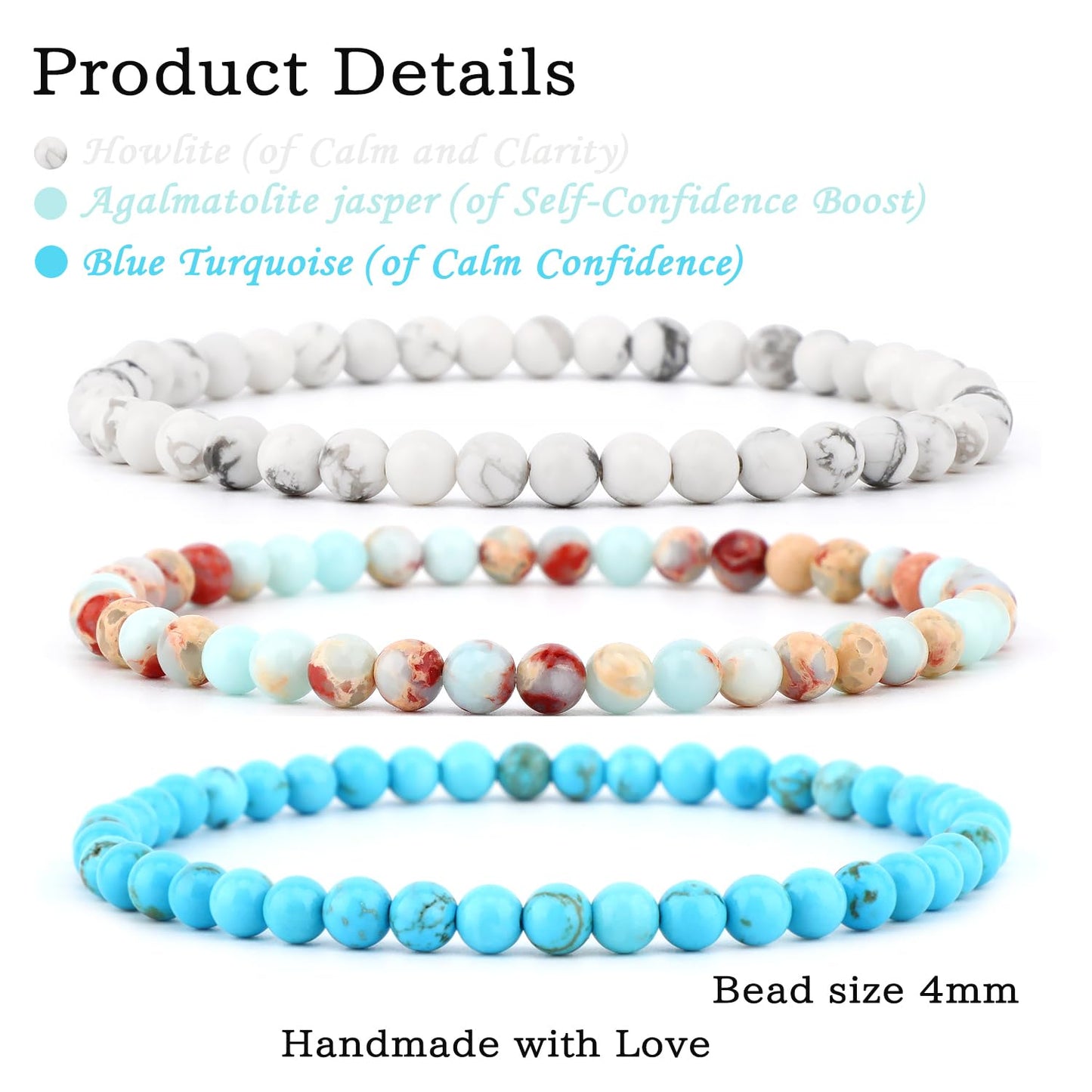 CMBYN 3-Pieces 4mm Natural Crystal Gemstone – ﻿Agalmatolite Jasper, Blue Turquoise, Howlite Handmade Reiki Energy Healing Stretch Bracelets Jewelry for Yoga, Meditation, Unisex