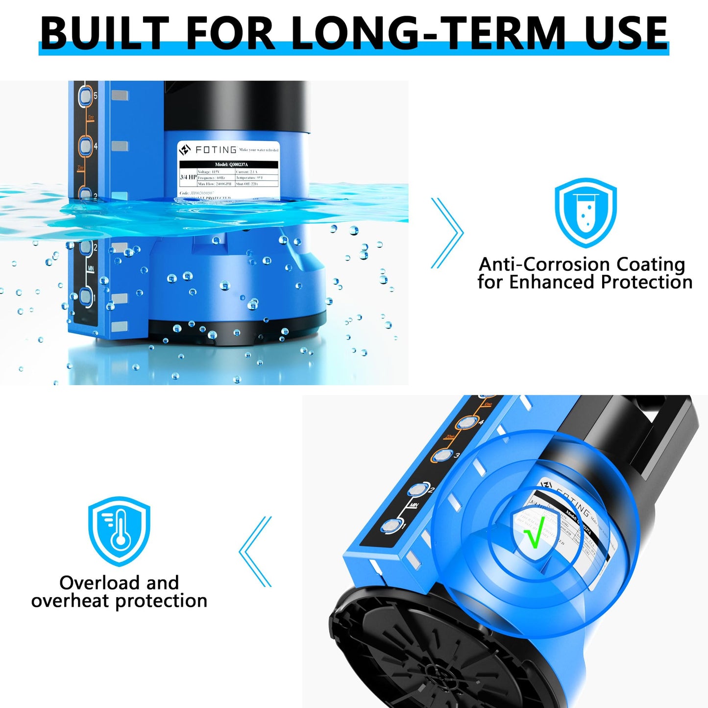 FOTING Sump Pump 3/4HP Automatic Submersible Water Pump, 2400GPH Thermoplastic Electric Portable Transfer Water Pump for Swimming Pool Garden Pond Basement with 16ft Cord, Drain Down to 0.04inch,Blue