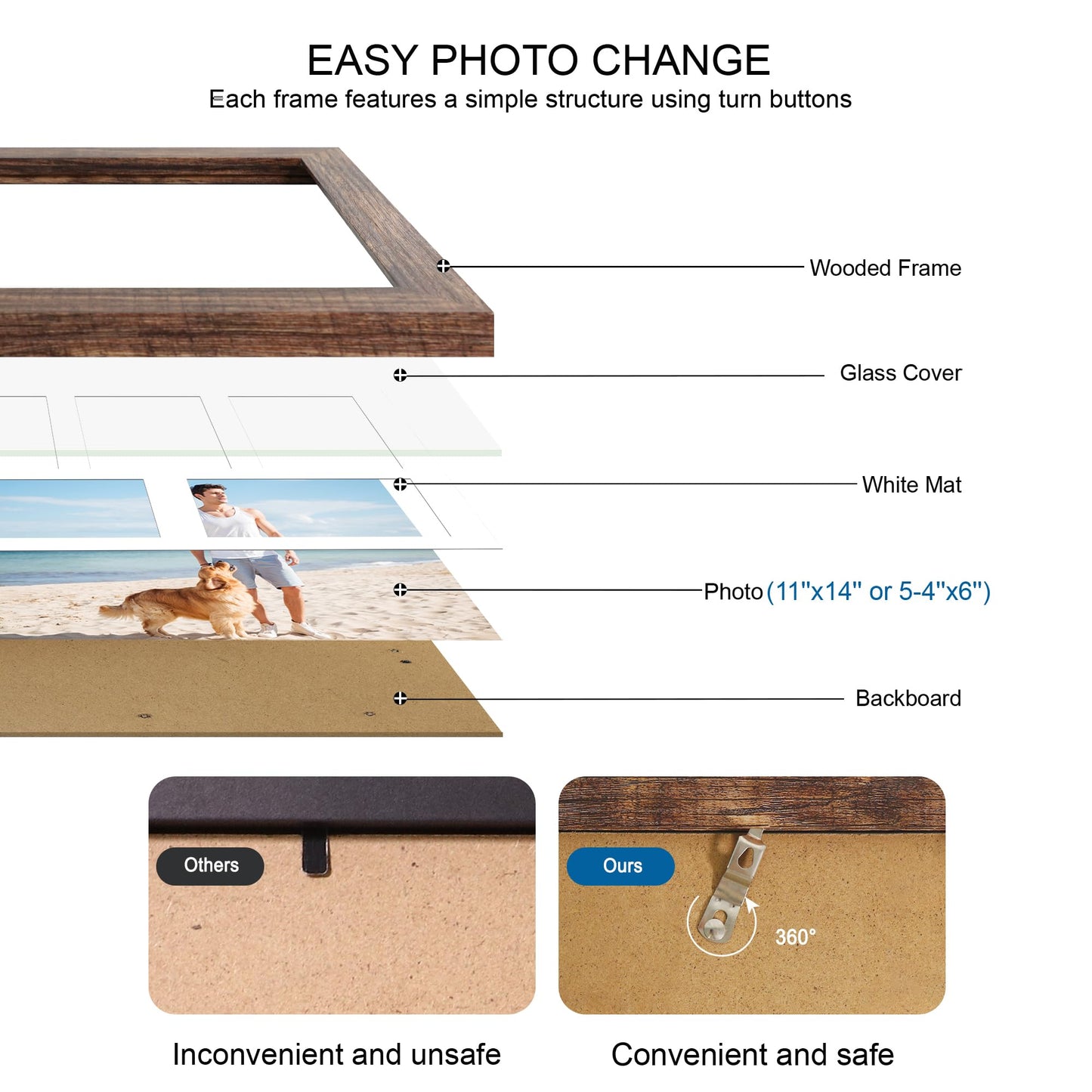 Hongkee 11x14 Picture Frame Set of 2, Rustic Brown Wood Frame with Real Glass Collage Picture Frames, Display Pictures Five 4x6 With Mat or 11 x 14 Without Mat, Photo Frames Wall Gallery