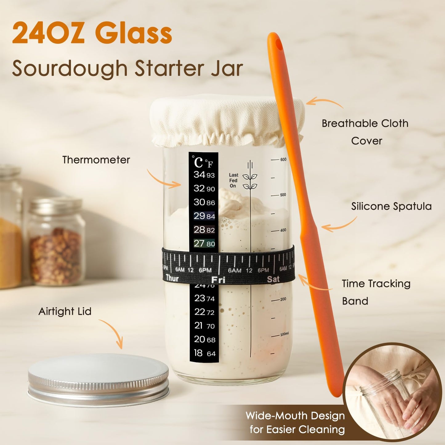 Kikcoin Sourdough Starter Kit, Complete Sourdough Bread Baking Supplies Includes 24oz Sourdough Starter Jar, Rattan Banneton Proofing Basket Set of 2, Artisan Bread Making Kit for Beginners & Pros